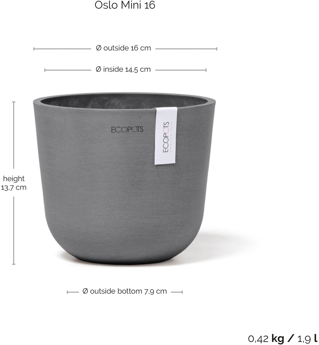 ECOPOTS Blumentopf »Oslo Mini 16 Grau« für den Innenbereich