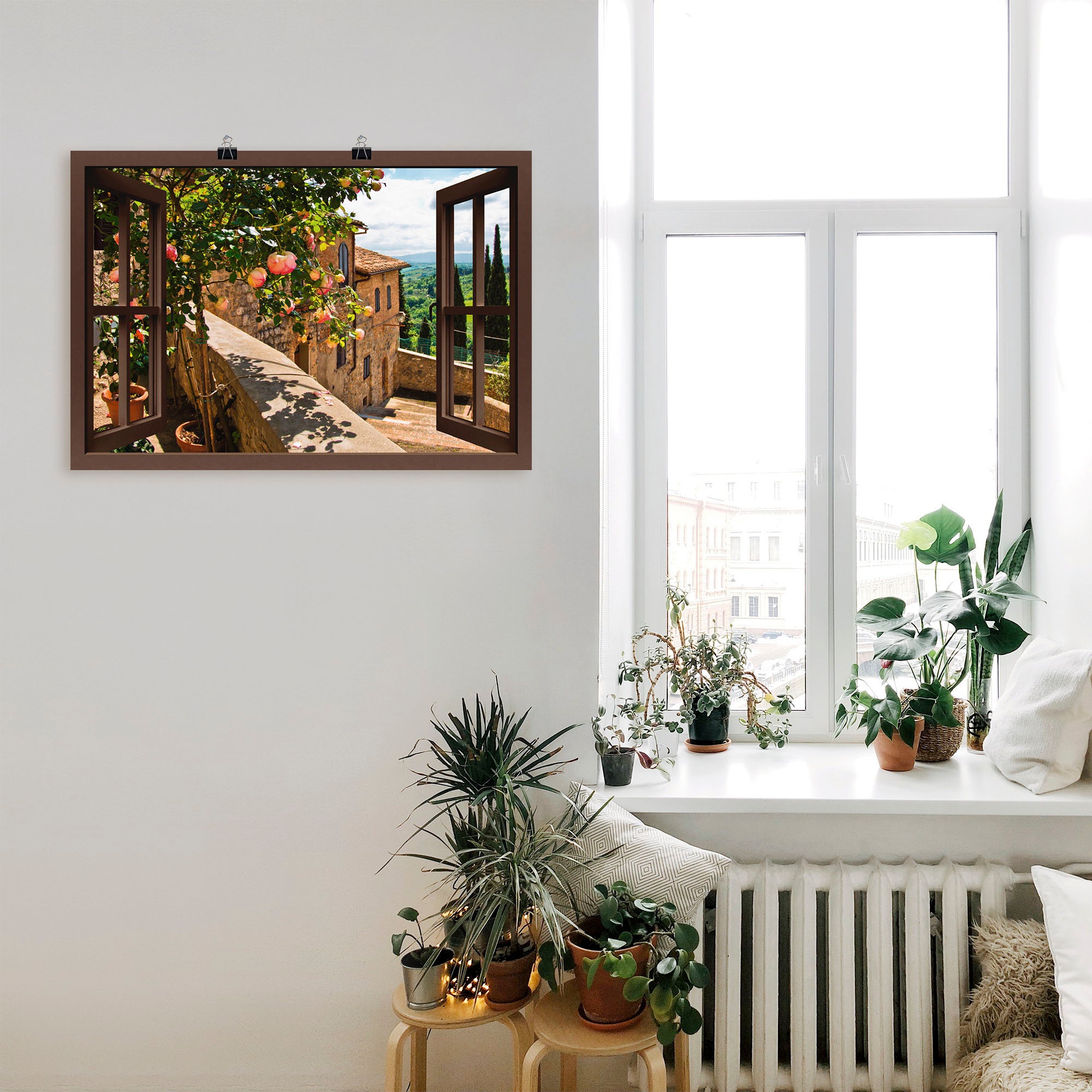 Artland Wandbild »Fensterblick Rosen auf Balkon Toskana«, Garten, (1 St.), als Alubild, Outdoorbild, Leinwandbild, Poster, Wandaufkleber