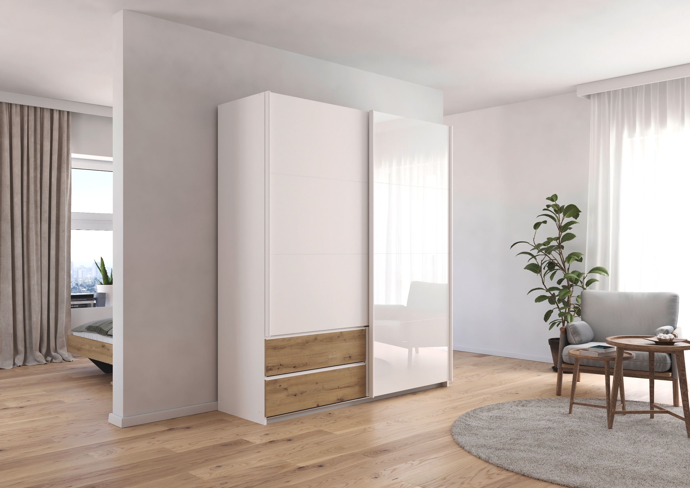 rauch Schwebetürenschrank »Kleiderschrank Schrank Garderobe ELARA Glastür/Grauspiegel«, praktische Schubladen optional farblich abgesetzt MADE IN GERMANY