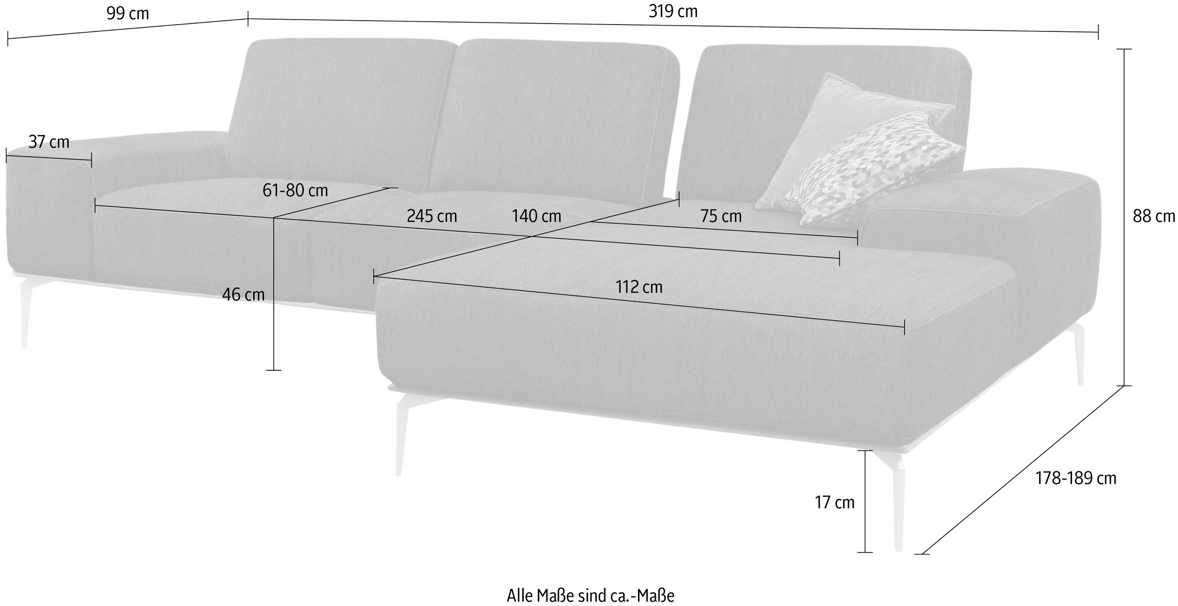 W.SCHILLIG Ecksofa »run, Designsofa mit tollem Sitzkomfort, bequem, L-Form«, mit Holzsockel, Füße in Schwarz pulverbeschichtet, Breite 319 cm
