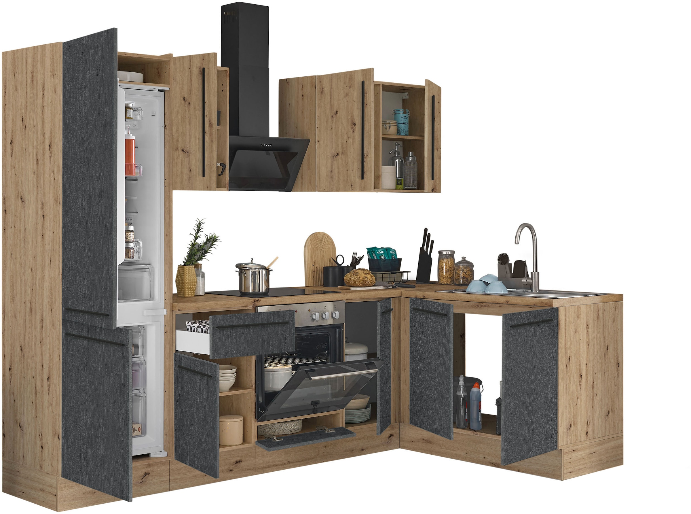 KOCHSTATION Winkelküche »Florida, Stellbreite 270x165 cm«, wahlweise mit E-Geräten, mit Softclose für Türen und Schubkästen