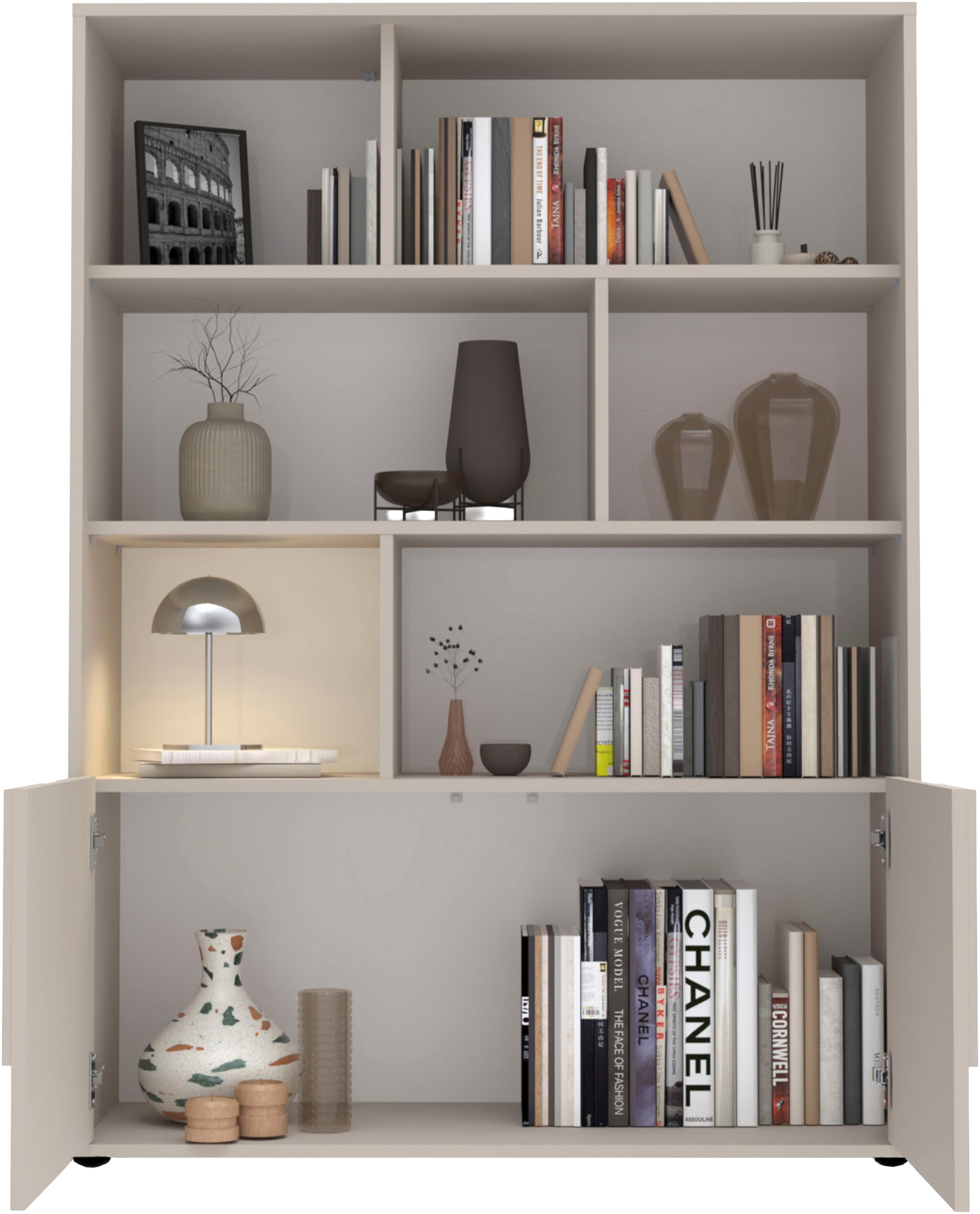 INOSIGN Highboard »Stone, H 155/141, B 105 cm, 2 Türen, 6 offene Fächer, Regal-Schrank« 3D-Design, Push-to-open, Stauraum dekorativ & praktisch, Füße wählbar