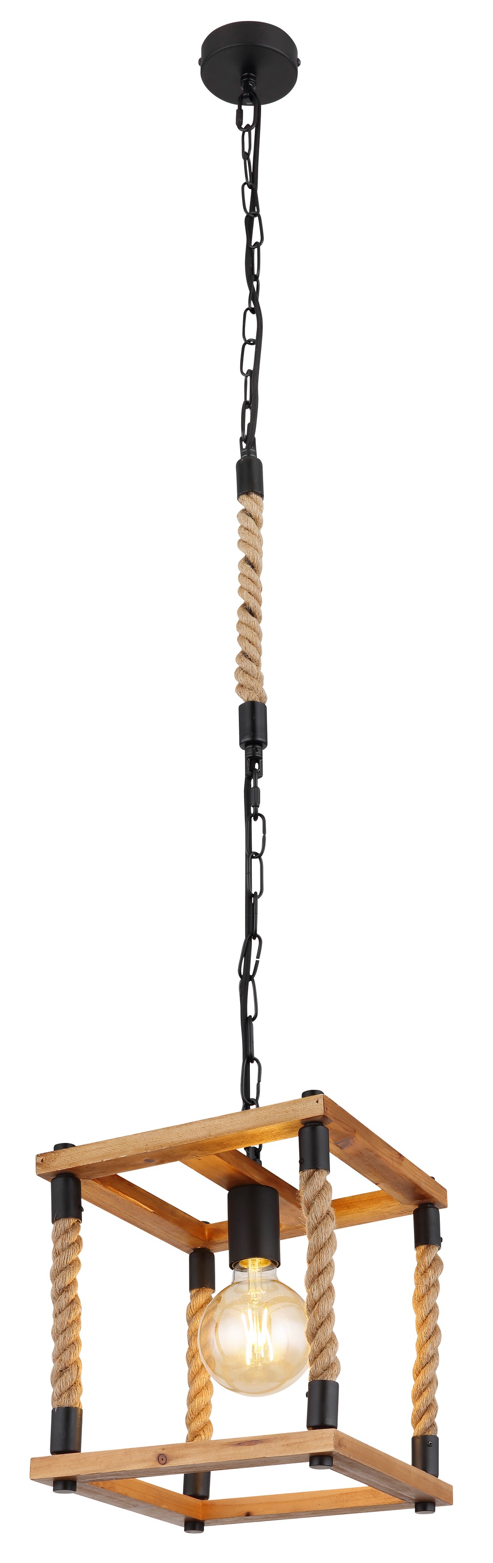 GLOBO LIGHTING Hängeleuchte »VERNON« E27 1 Stk. Schwarze Hängeleuchte mit Holz naturfarben, Hanf braun, E27