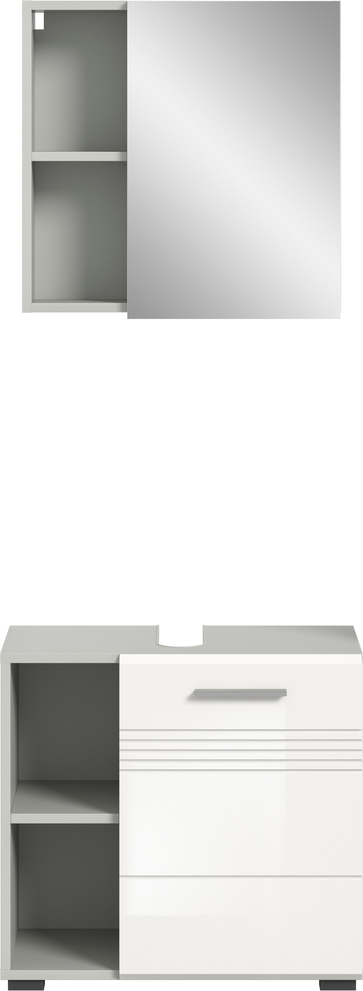 welltime Badmöbel-Set »Calicio, bestehend aus: Waschbeckenunterschrank, Spiegelschrank«, (2 St.), hochwertige MDF Front mit Rillenfräsung