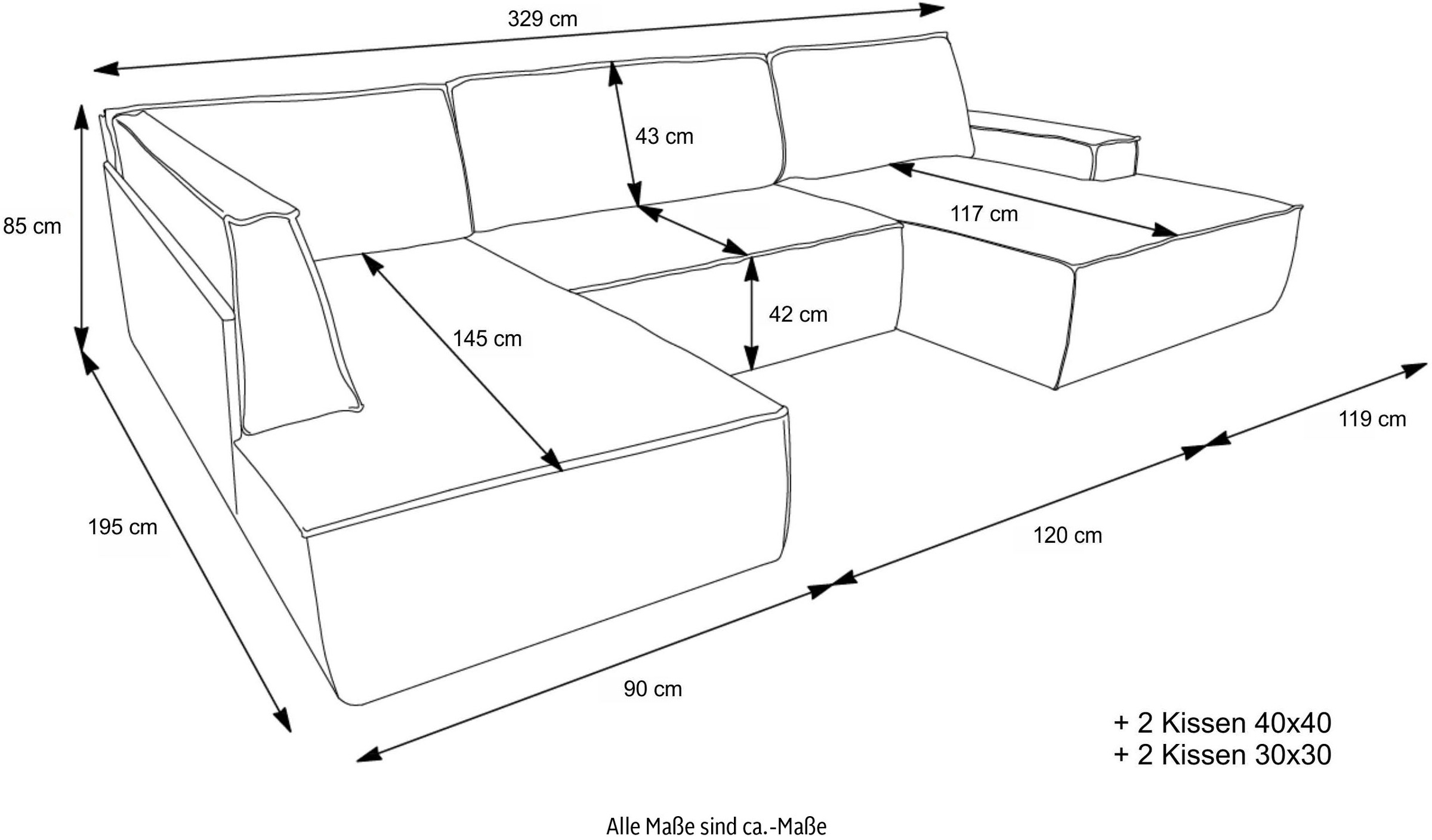andas Wohnlandschaft »FINNLEY U-Form XXL 329 cm, Schlafsofa, Schlaffunktion m. Bettkasten«, (194/139 cm), Bouclé, Struktur und Cord