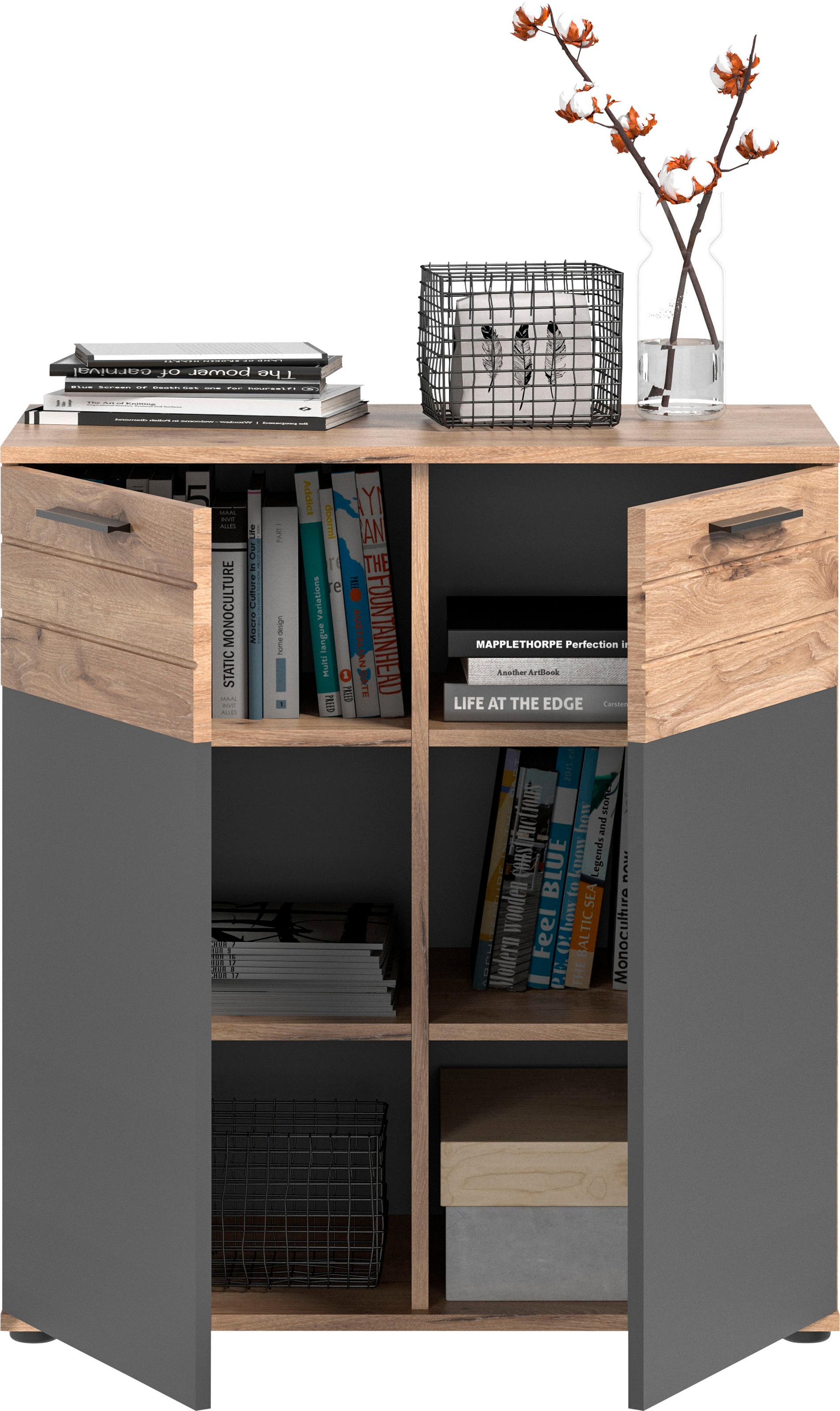 INOSIGN Sideboard »Riga, Breite 90 cm, 2 Türen mit Softclose, 4 Einlegeböden, 6 Fächer«, hochwertige Rillenfräsung, Schuhkommode, Kommode, Anrichte, Schrank