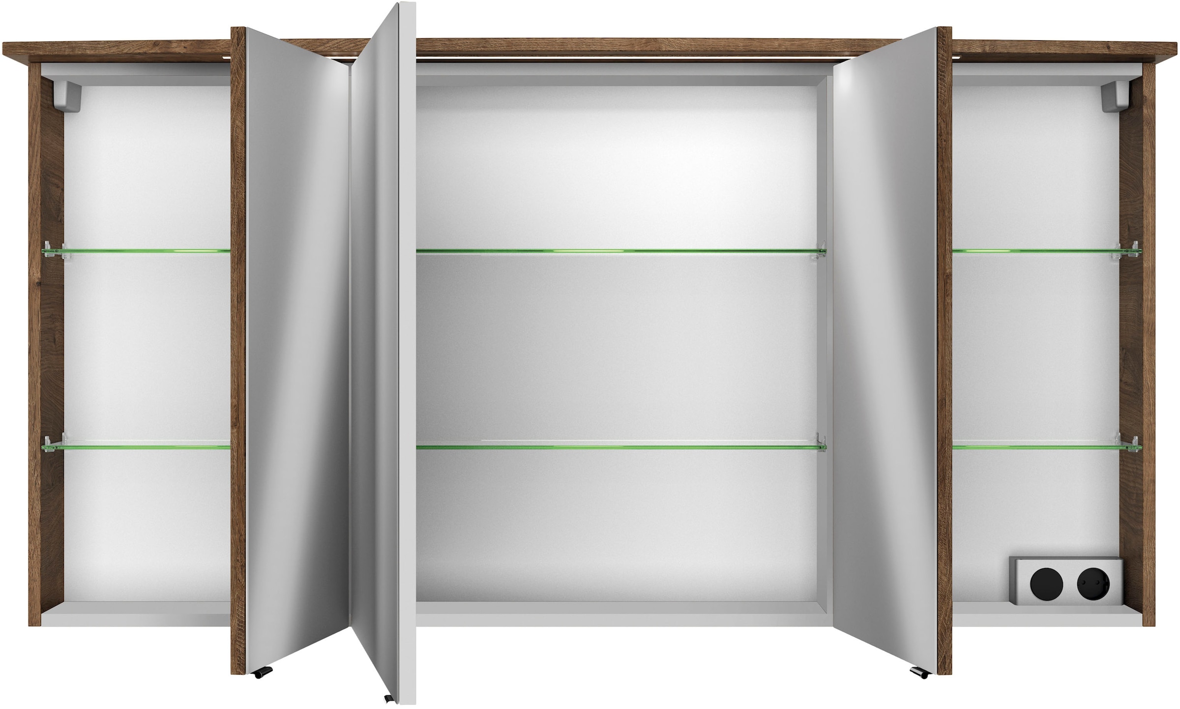 Saphir Badezimmerspiegelschrank »Serie 4010 Badezimmer-Spiegelschrank inkl. LED-Beleuchtung im Kranz«, Badschrank 142 cm breit, 3 Türen, 6 Glas-Einlegeböden, inkl Türdämpfer