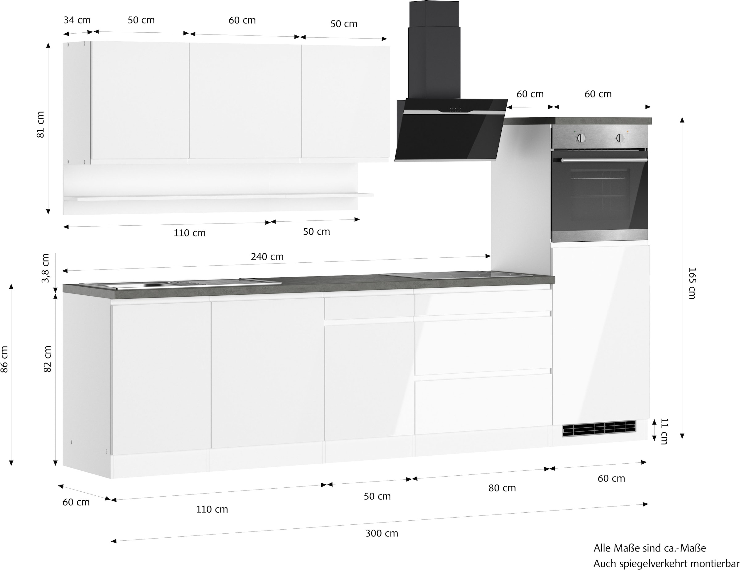 KOCHSTATION Küchenzeile »KS-Virginia,neu in verbesserter Ausführung« Arbeitsplatte 38 mm stark, Stauraum, Softclose,  Breite 300 cm, Soft-Close, wahlweise mit E-Geräten