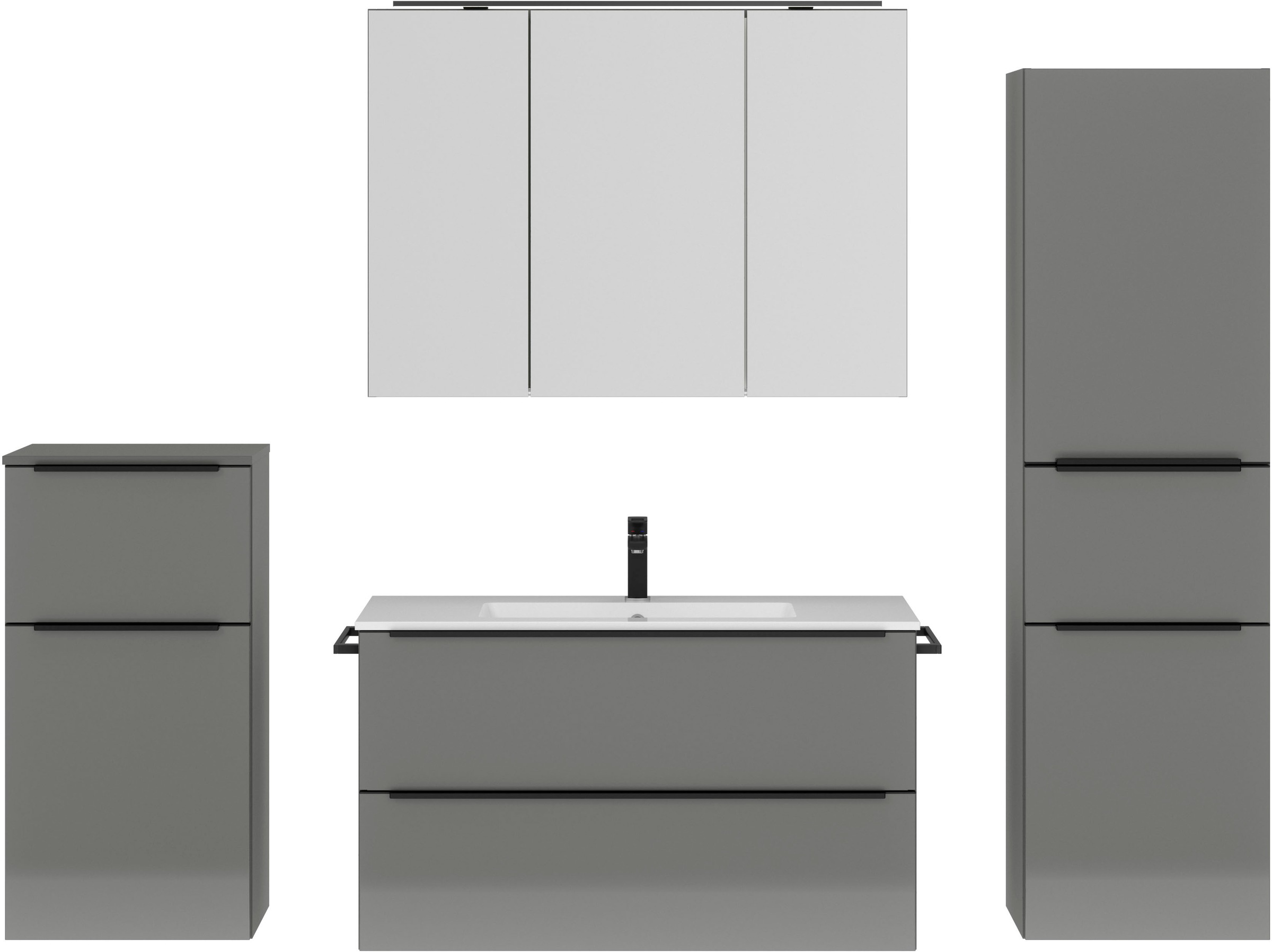 nobilia® Badmöbel-Set »Levere«, (4 St., vormontiert, mit Soft-Close), inkl. Spiegelschrank mit Beleuchtung und Dimmerfunktion, in 4 Breiten