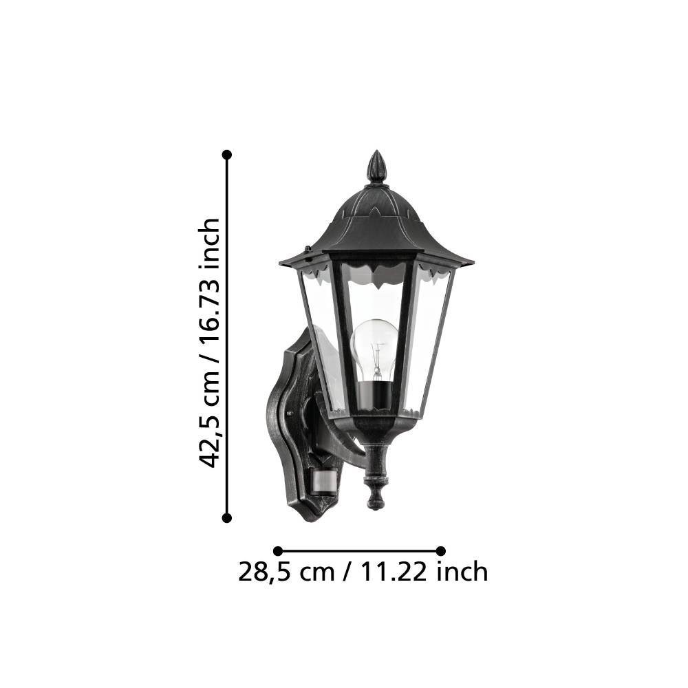 EGLO Außen-Wandleuchte »NAVEDO Wandlampe, Außenbeleuchtung, schwarz, silber-patina, klassisch«, 1 flammig, Leuchtmittel E27 | ohne Leuchtmittel, Eckmontage möglich, Erfassungswinkel 110° / 7m, IP44, 42,5x28,5x20cm