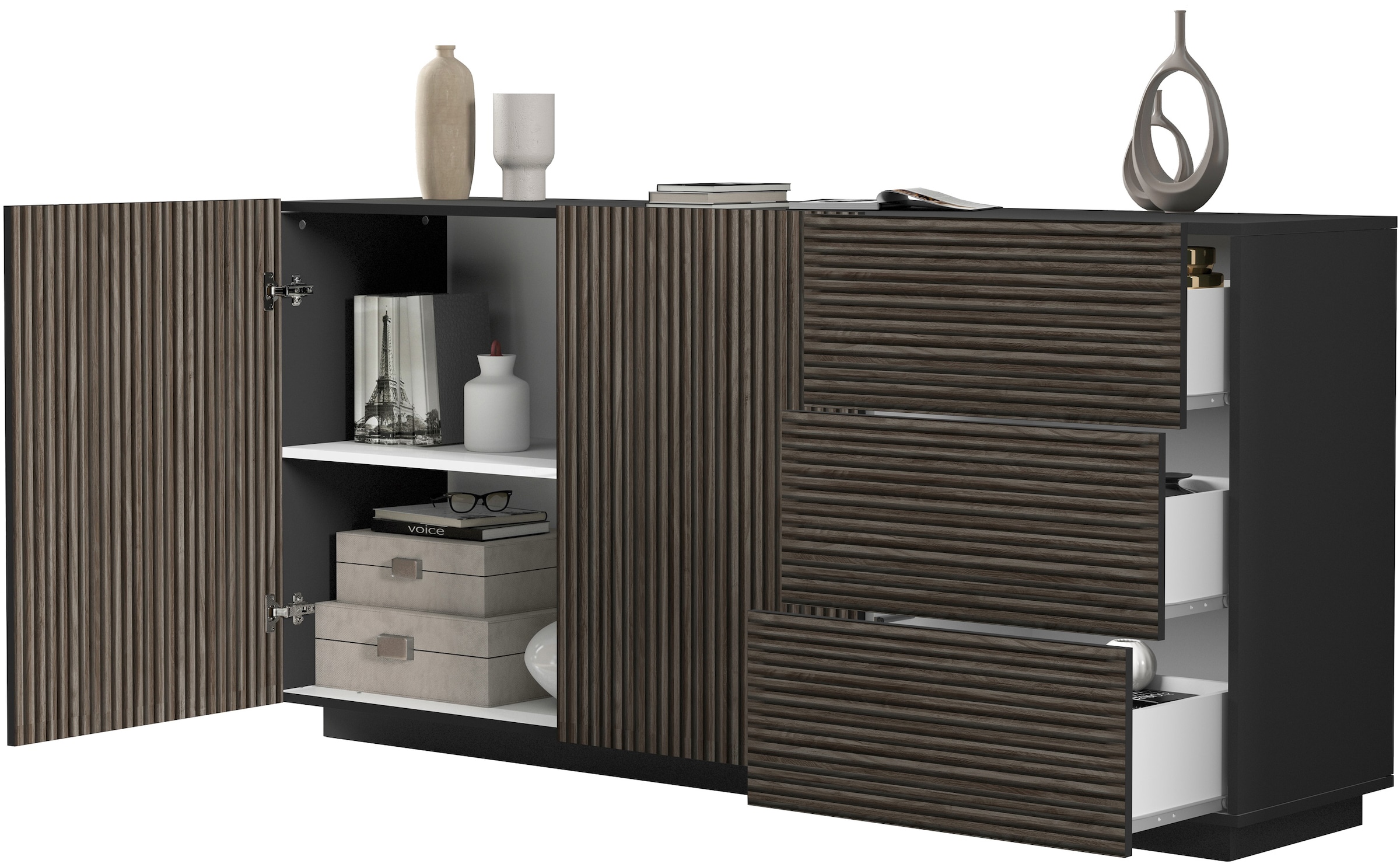 INOSIGN Sideboard »Vega Sideboard,Kommode,180 cm«, mit 2 Türen und 3 Schubladen,Fronten mit Rillen-Optik