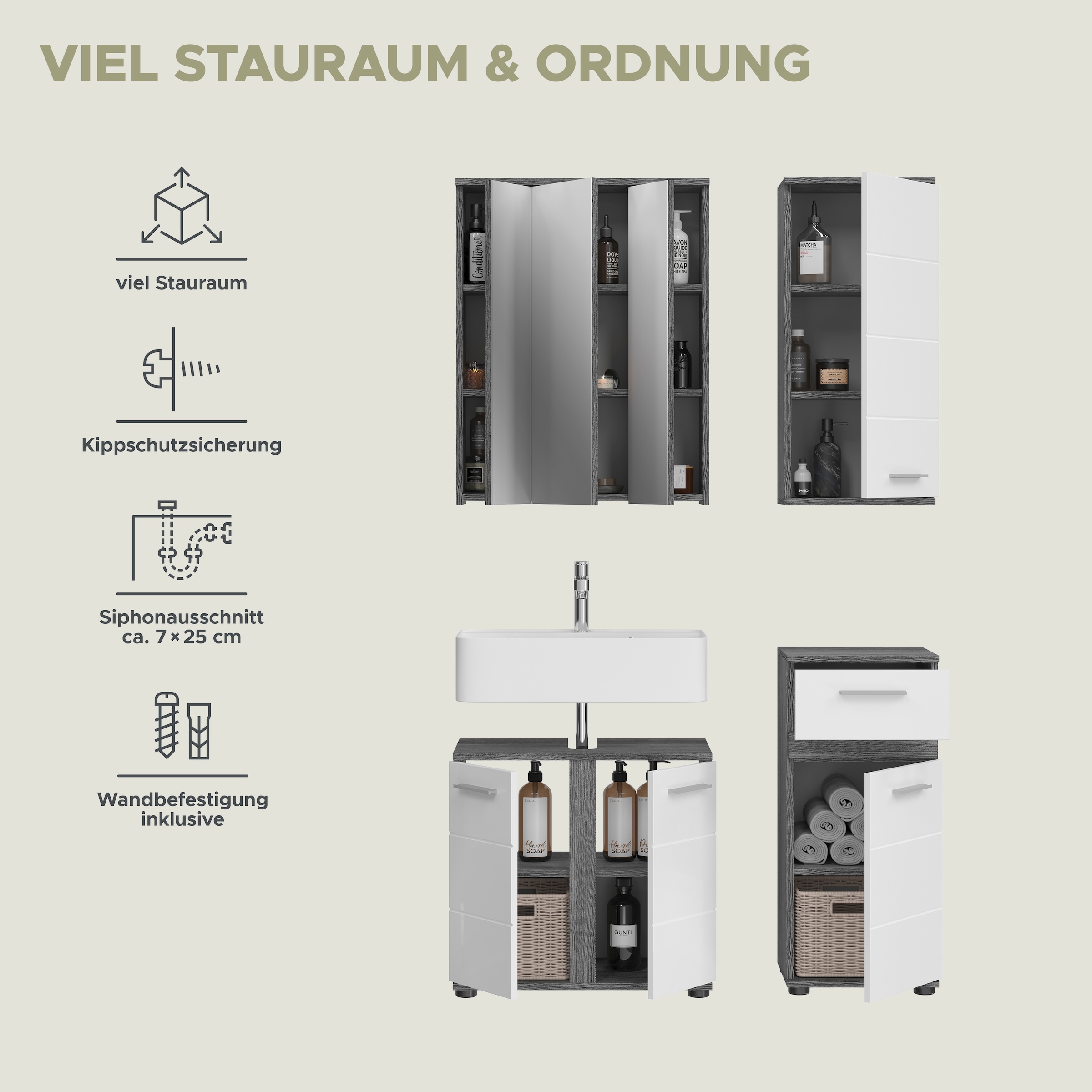 welltime Badmöbel-Set »LUCCA, 4-teilig, TOPSELLER!, MDF Hochglanzfront, bestehend aus:«, (Set, 4 St.), Waschbeckenunterschrank, Spiegel, Unterschrank, Hängeschrank