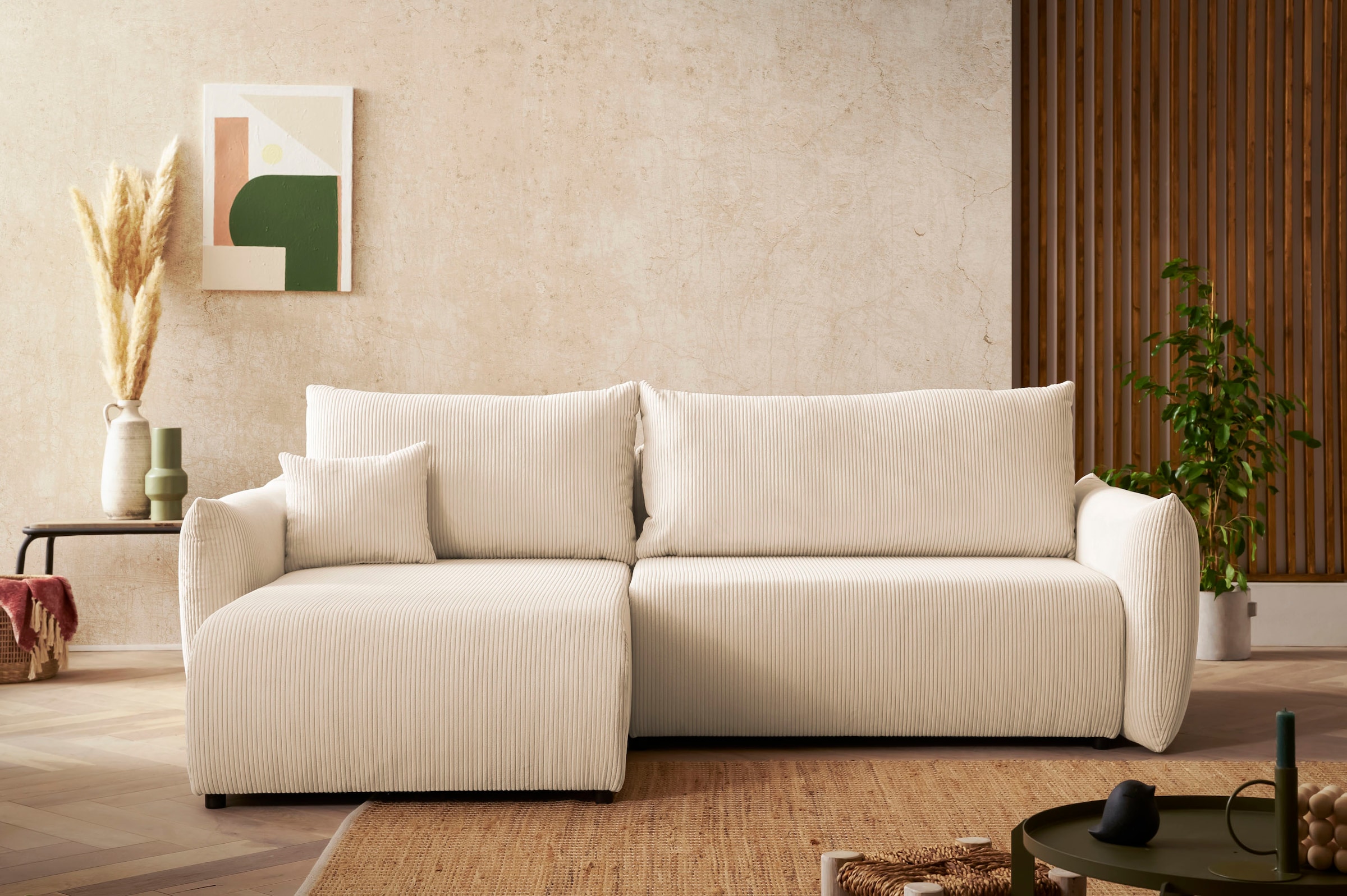 INOSIGN Ecksofa »MAVAS Schlafsofa mit Bettkasten, L-Form,«, ca.257/127cm (Liegefläche 212/145 cm), Cord, Chenille, Struktur