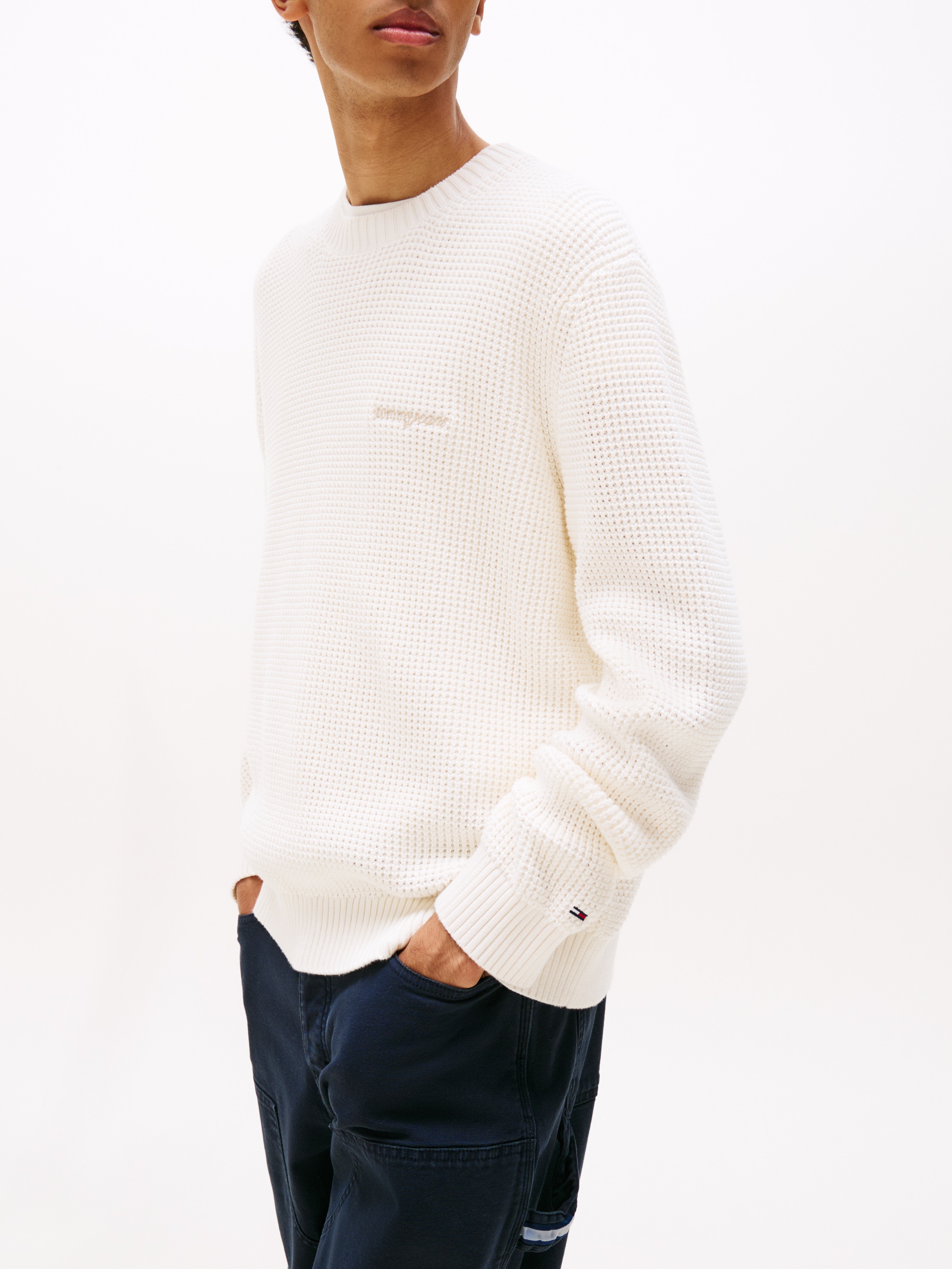 Tommy Jeans Strickpullover »TJM SCRIPT CHUNKY« Regular Fit, Rundhals Waffelpique Strick