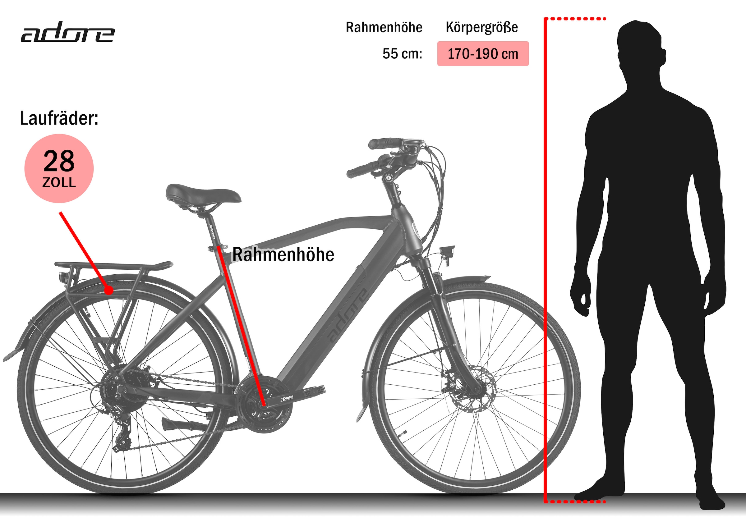 Adore »28" Alu Trekking E-Bike ATR-190 Heckmotor 50NM / 15Ah Dunkelblau matt« 24 Gang Shimano Tourney Schaltwerk Kettenschaltung Heckmotor 250 W Pedelec, Elektrofahrrad für Herren