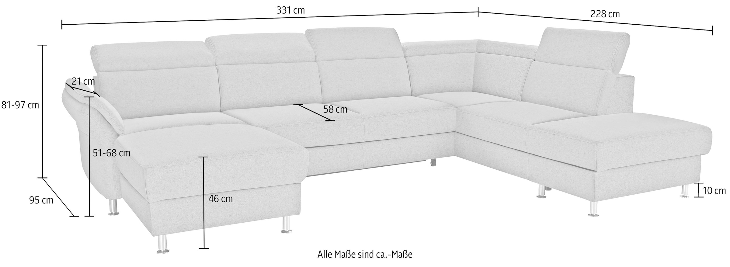 sit&more Wohnlandschaft »Avignon U-Form«, wahlweise mit Bettfunktion und Stauraum, inklusive Kopfteilverstellung