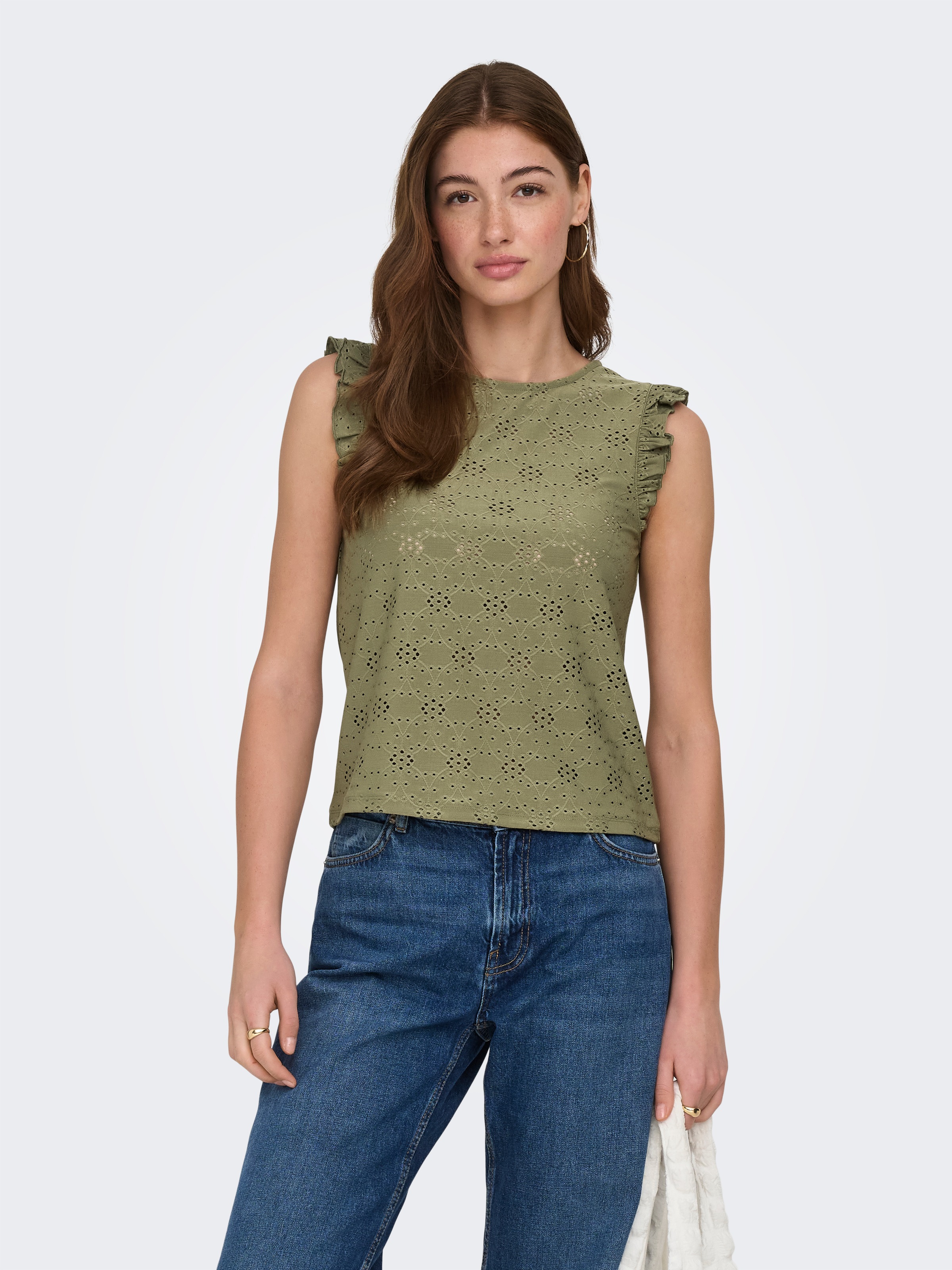 ONLY Shirttop »ONLSMILLA S/L FRILL TOP JRS« Materialmix, regular fit, Rundhals