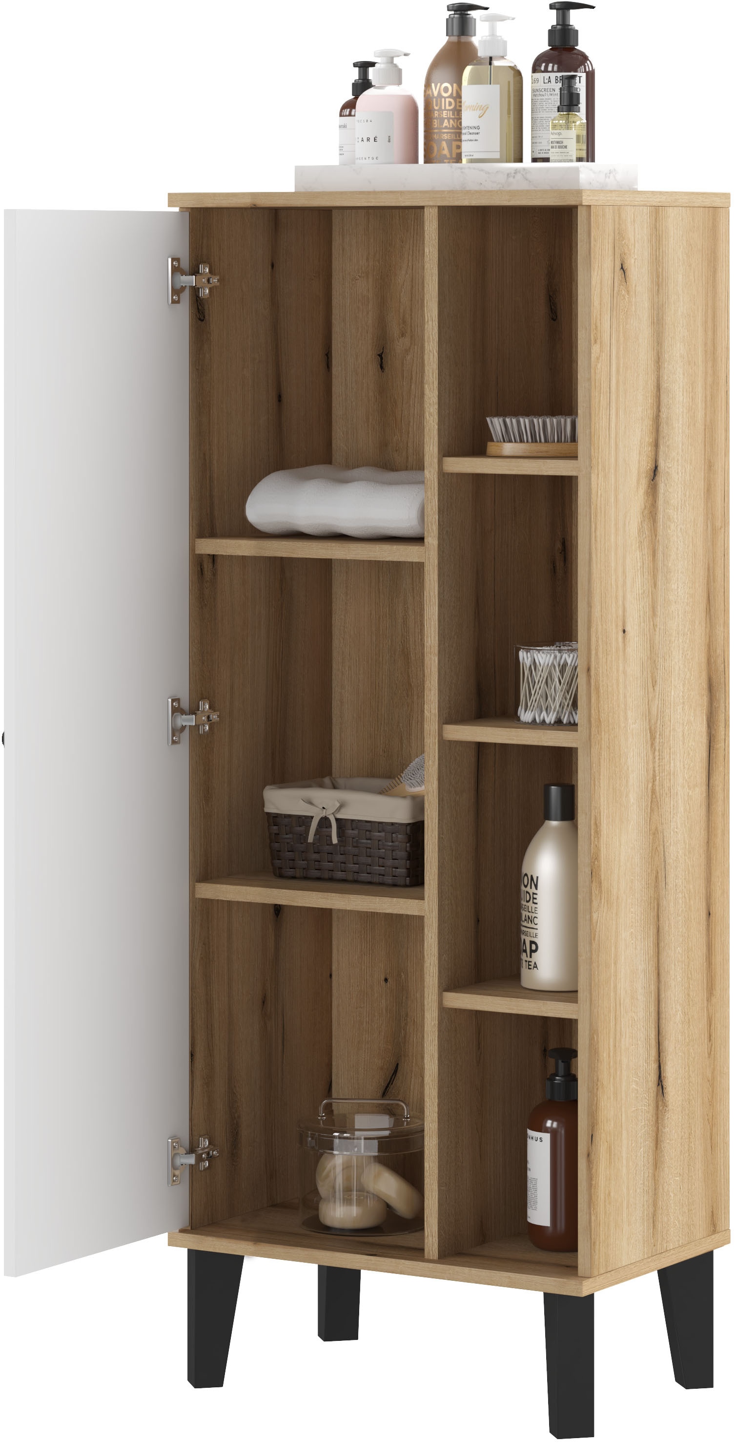 INOSIGN Stauraumschrank »Oslo, Badschrank mit Knopfgriff, Hochschrank im skandinavischen Design«, in der Türfarbe Weiß oder Grau verfügbar, ausreichend Stauraum