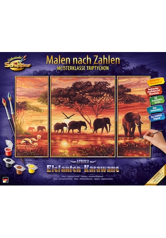 Malen nach Zahlen »Meisterklasse Triptychon - Elefanten Karawane«