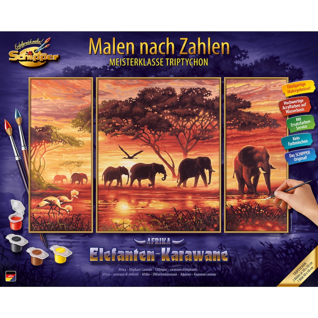 Schipper Malen nach Zahlen »Meisterklasse Triptychon - Elefanten Karawane«, Made in Germany