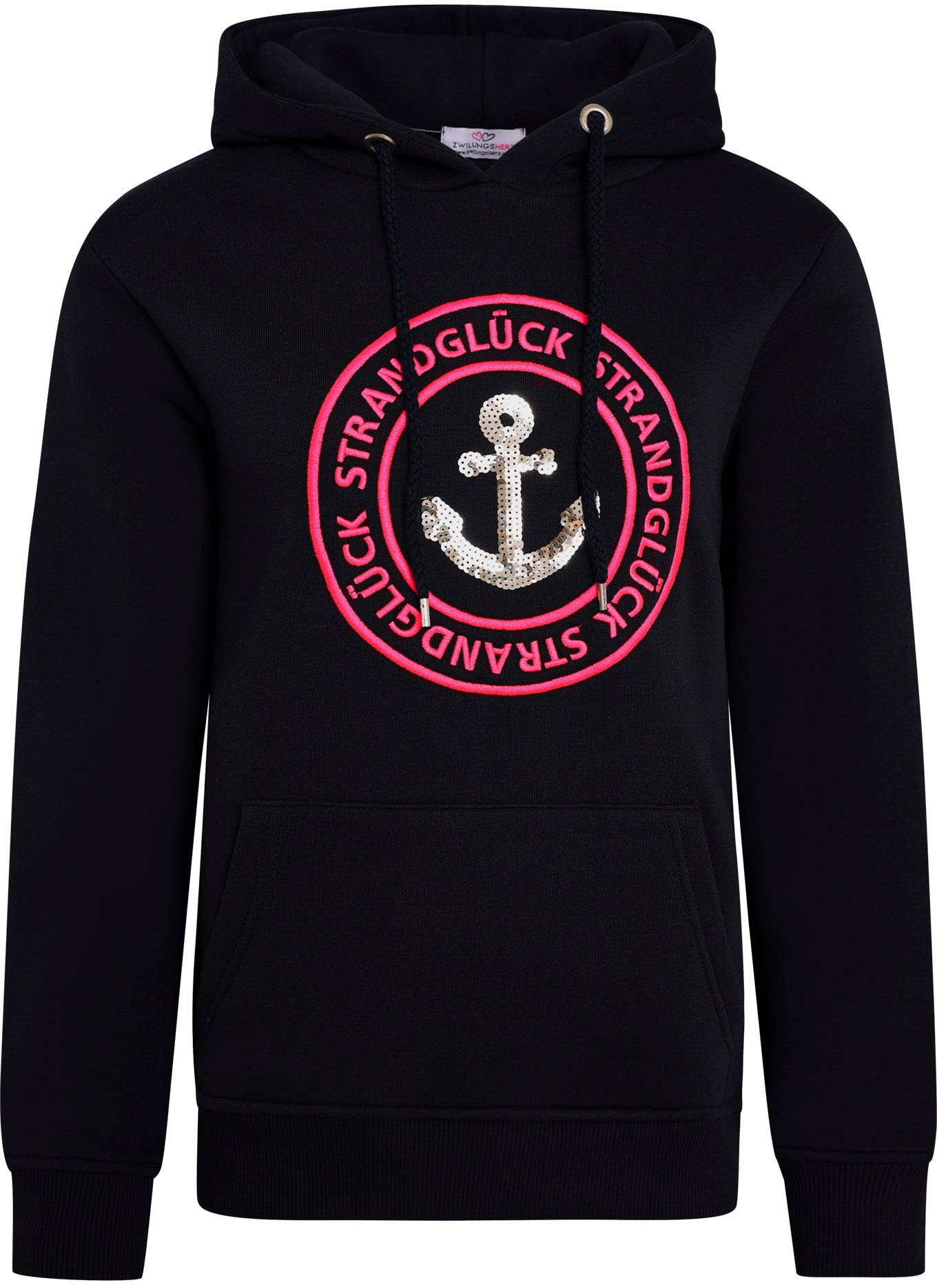 Zwillingsherz Kapuzensweatshirt, mit neonfarbenen Stickereien und Pailettenanker
