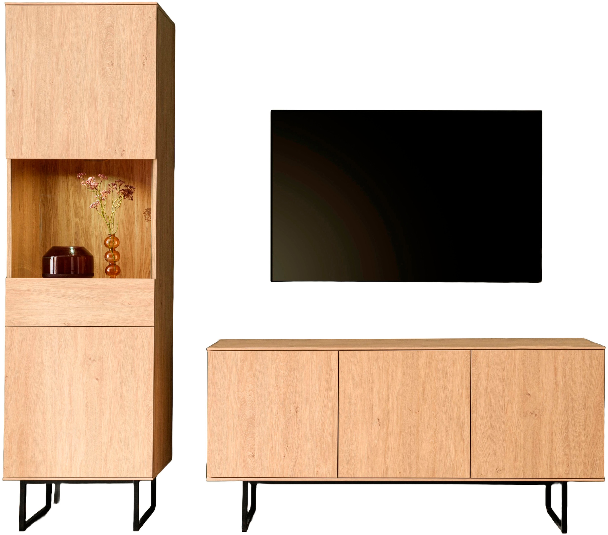 Home affaire Wohnwand »Lund, moderne Anbauwand, Wohnzimmer-Set in Stone Oak«, (2 St.), enthält Vitrine und Lowboard