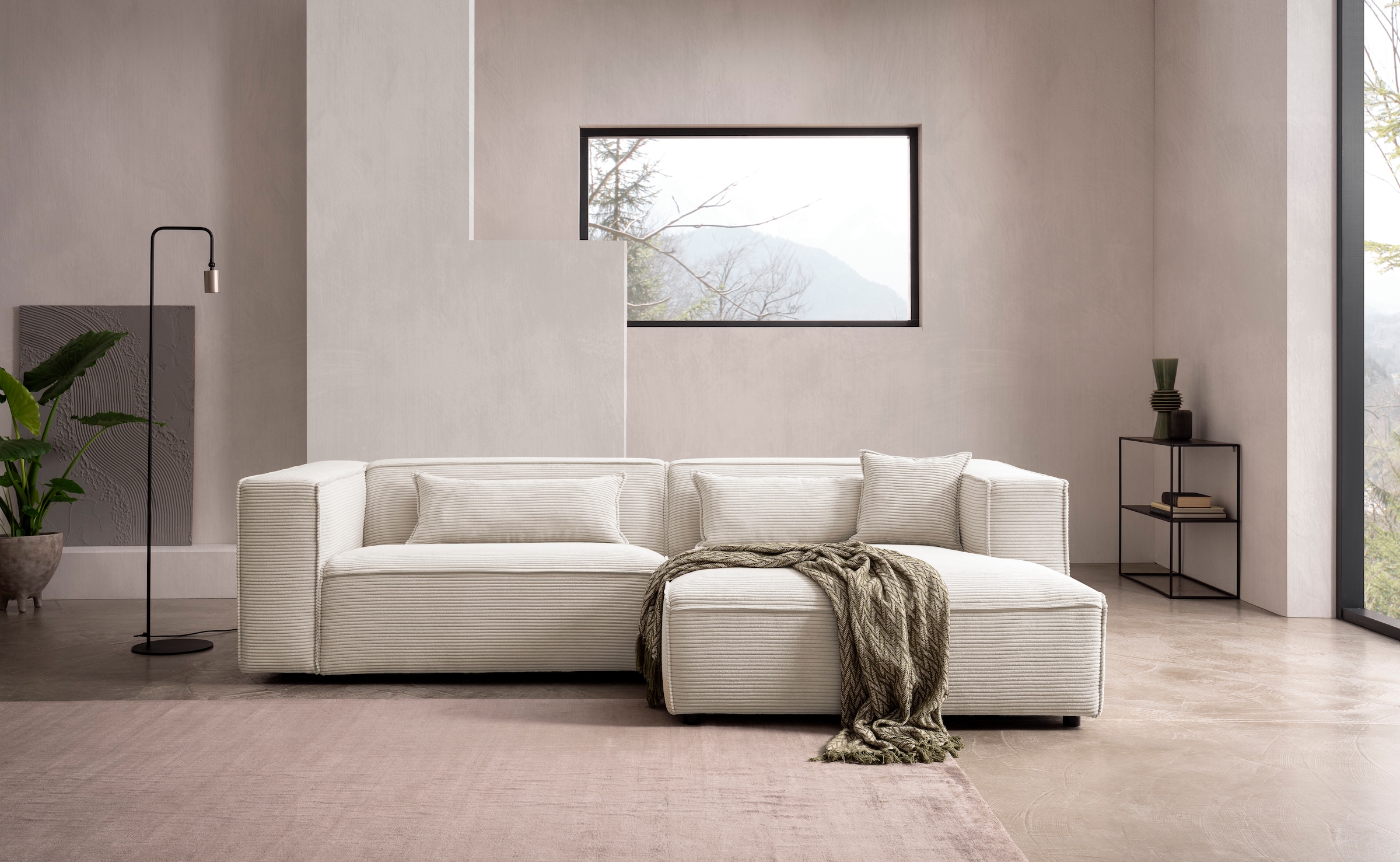 LeGer Home by Lena Gercke Ecksofa »PIARA mit Kedernaht in Cord oder Leinenoptik, moderne Couch in L-Form«, wahlweise Ottomane rechts/links, schwarze Füße, bequemer Sitzkomfort