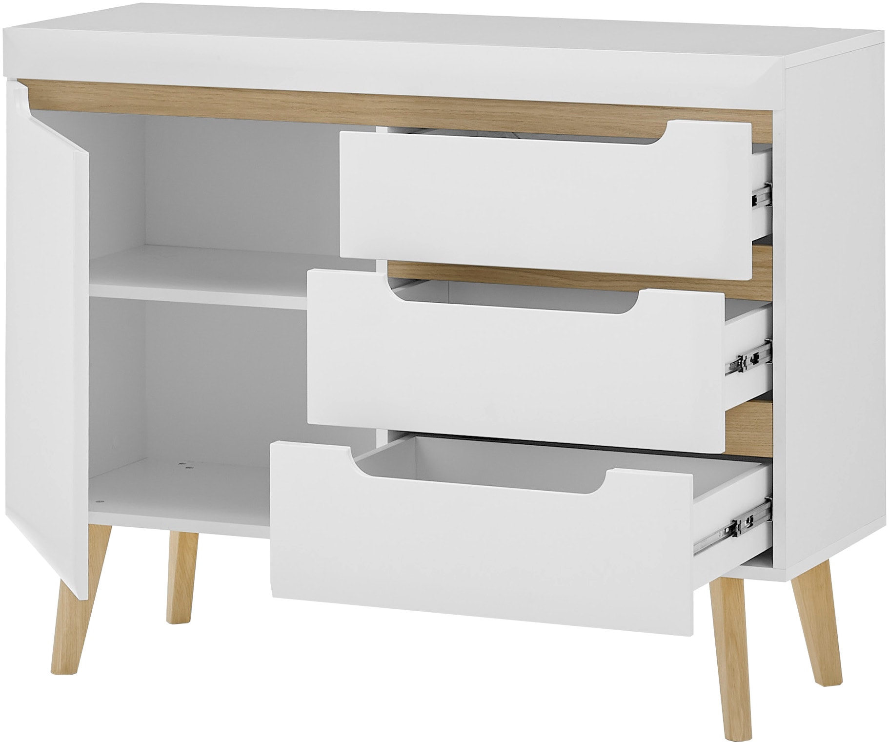INOSIGN Sideboard »Torge, Anrichte, Kommode, Schubladenschrank«, (1 St.), abgeschrägte Füße, drei Farben, Scandi Design, 107 cm breit