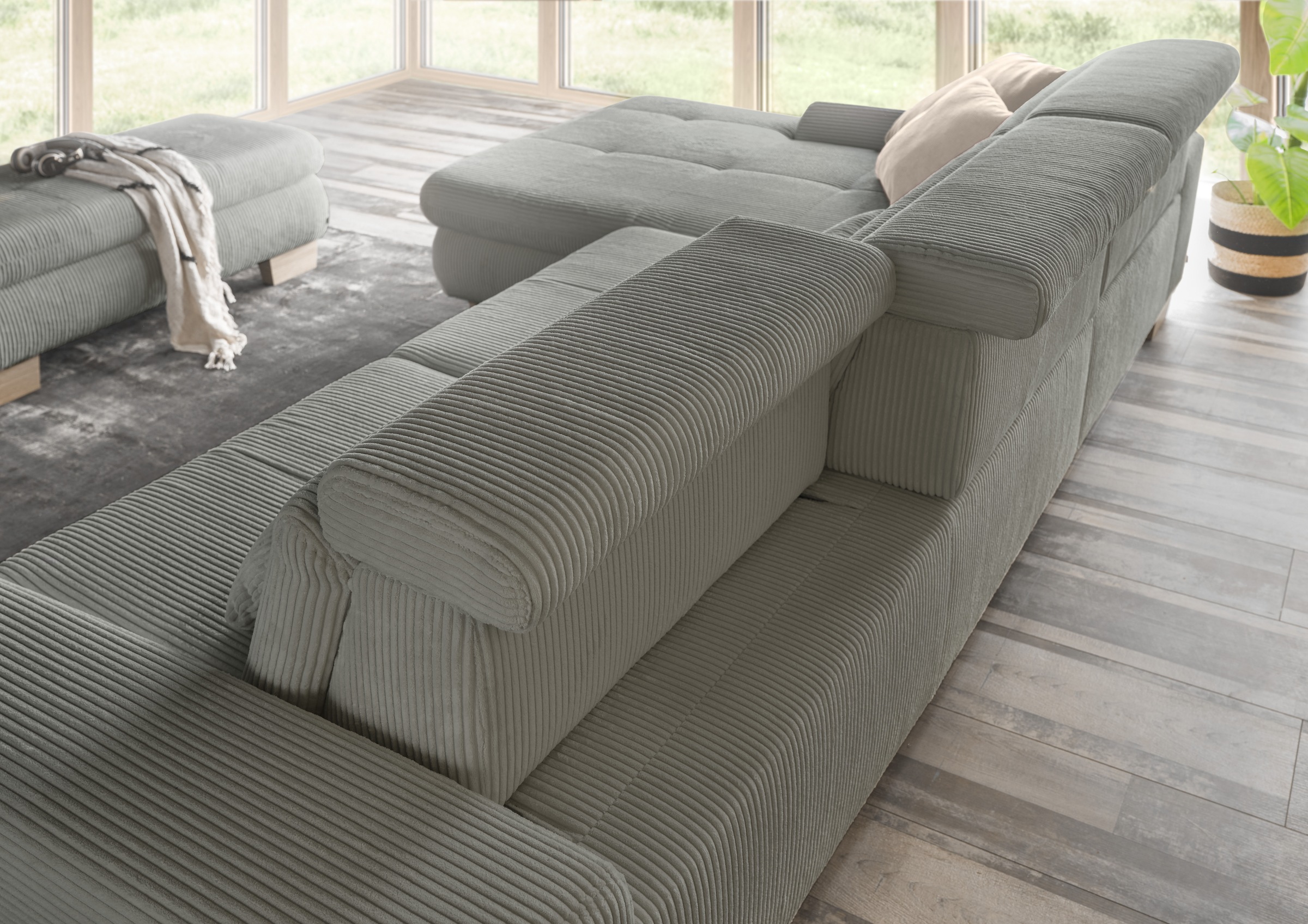 set one by Musterring Ecksofa »SO 3400 Sitzhöhe 47cm oder 49cm, Sitztiefe verstellbar, B/T: 307/195cm«, Kopteil verstellbar, mit Bettfunktion, in Cord, lind, Sitzhöhe 47