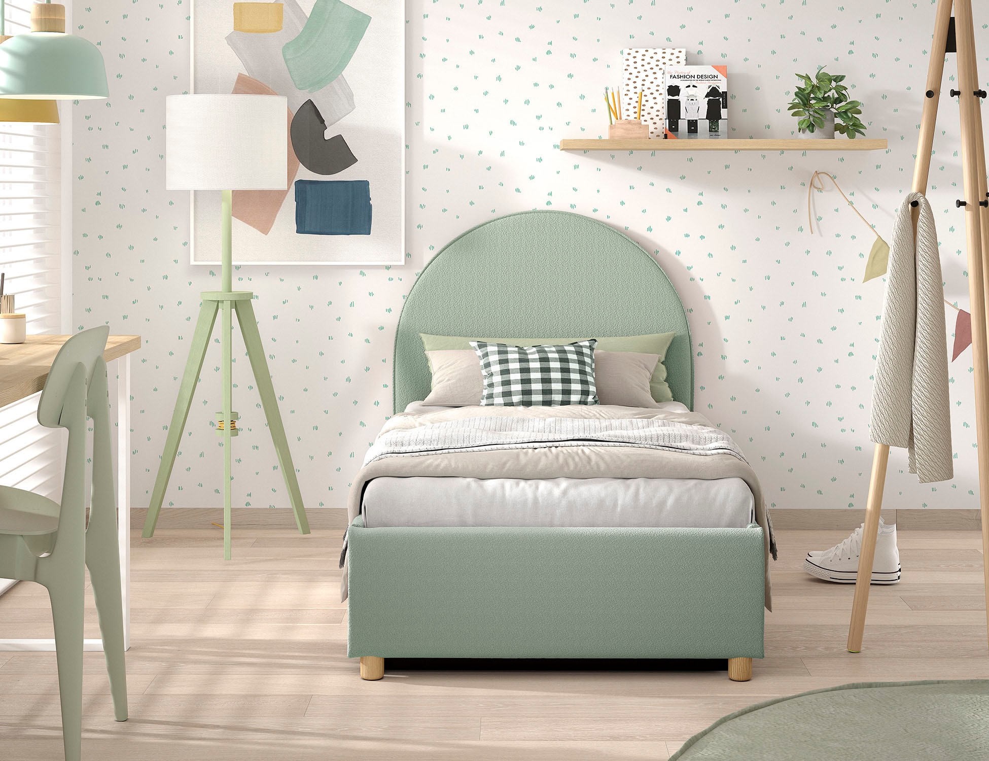 Vipack Boxbett »Moon, mit Lattenrost und Stauraum, modernes Design« gerundetes Kopfteil und in 2 Breiten erhältlich,  inkl. Massivholz Füßen in natur, 3 Stoff Farben zur Auswahl