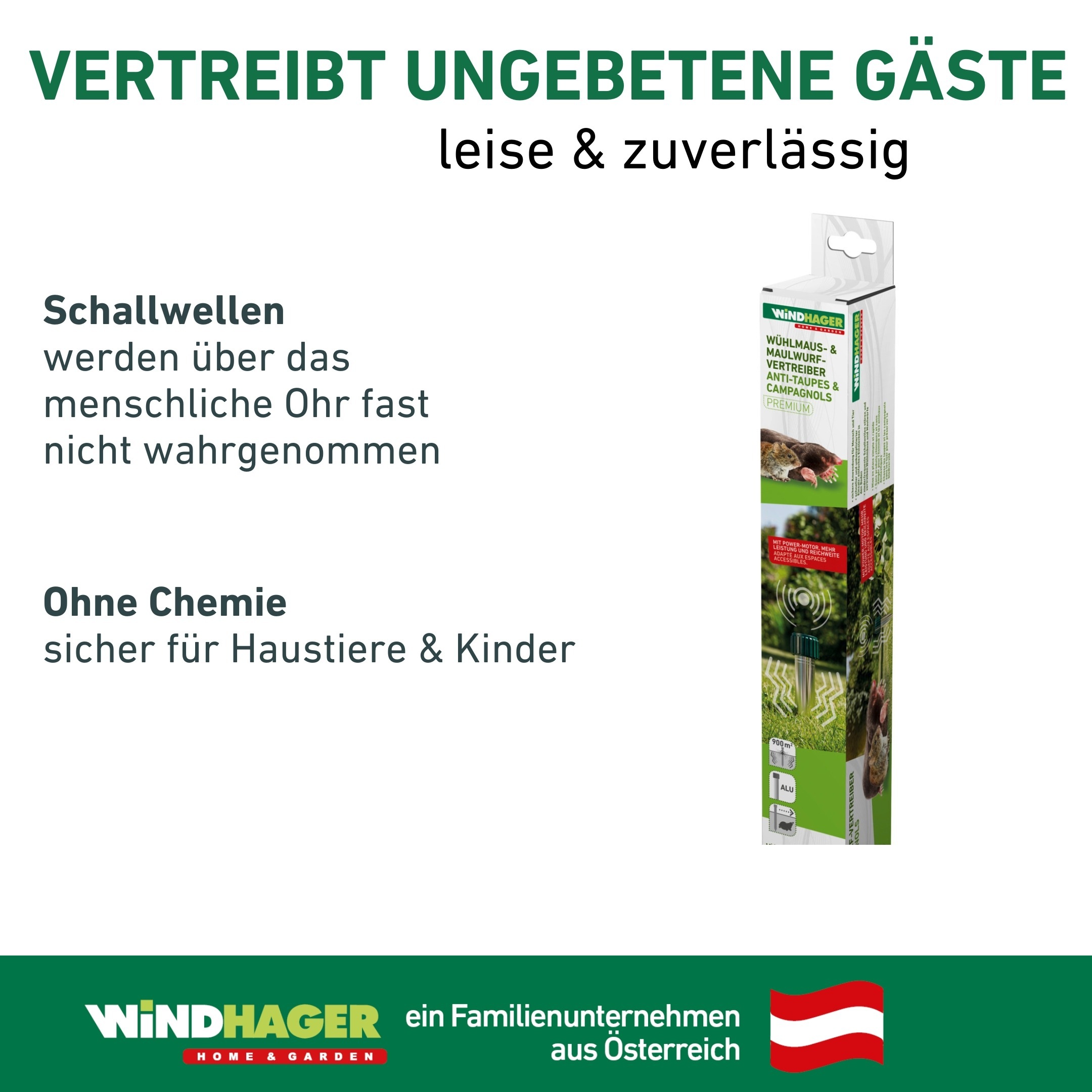 Windhager Ultraschall-Tierabwehr »Maulfwurfschreck und Wühlmausvertreiber Premium, batteriebetrieben« Wirkungsbereich 900 m² mit Resonanzschwingungen und Ultraschall