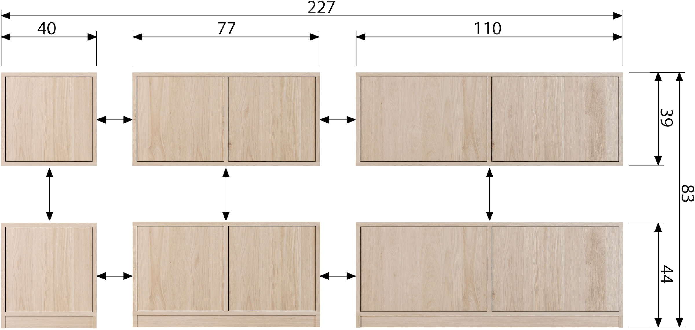 WOOOD Sideboard »Modulair mit Eichenfurnier und Druckmechanismus B 40 x T 40 x H 44 cm« Tragkraft 15 kg pro Einlegeboden, kompakte Ausführung