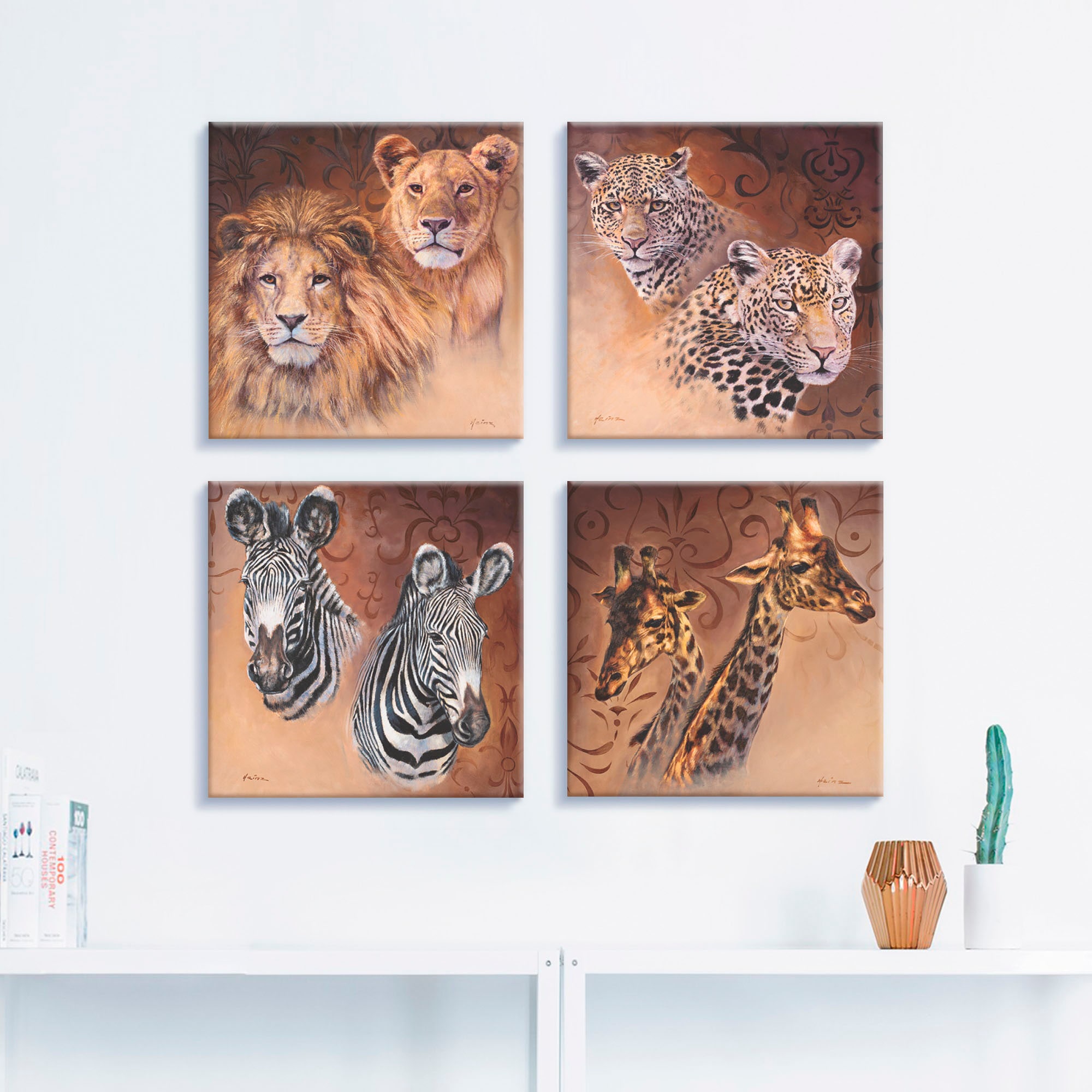 Artland Leinwandbild "Löwen Leoparden Zebra Giraffen", Wildtiere, (4 St.), günstig online kaufen