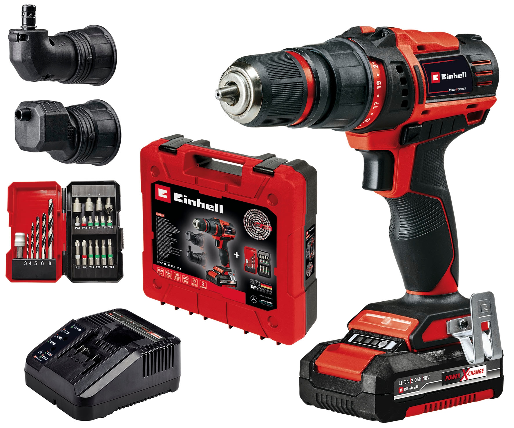 Einhell Akku-Bohrschrauber »TE-CD 18/45 3X-Li +22«, Power X-Change, inkl. Akku 18V/2,0Ah, Ladegerät, Zubehör, Koffer