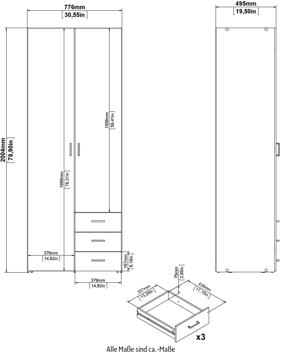 Home affaire Kleiderschrank, Mit viel Stauraum, graue Stangengriffe, Gr. ca. 200,4 x 77,6 x 49,5 cm