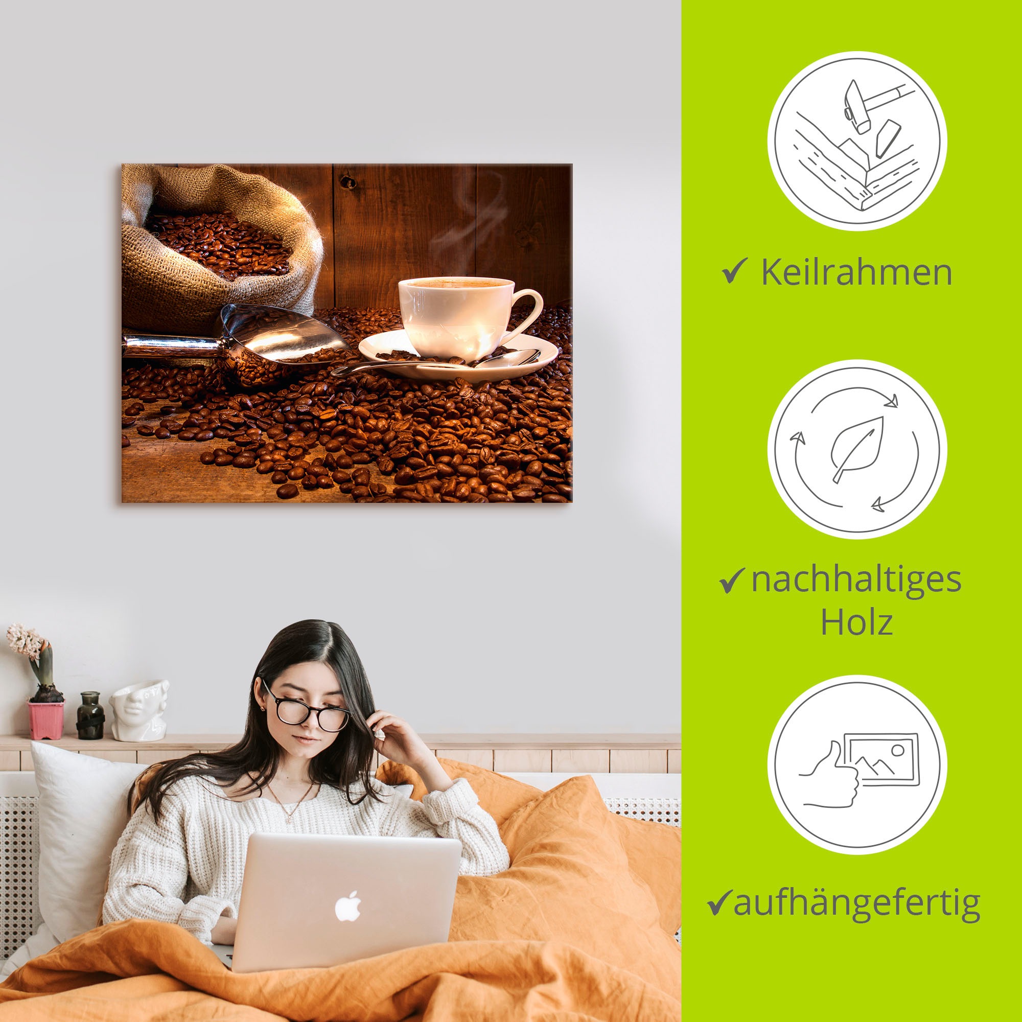 Artland Leinwandbild »Kaffeetasse und Leinensack auf Tisch«, Getränke, (1 St.), auf Keilrahmen gespannt