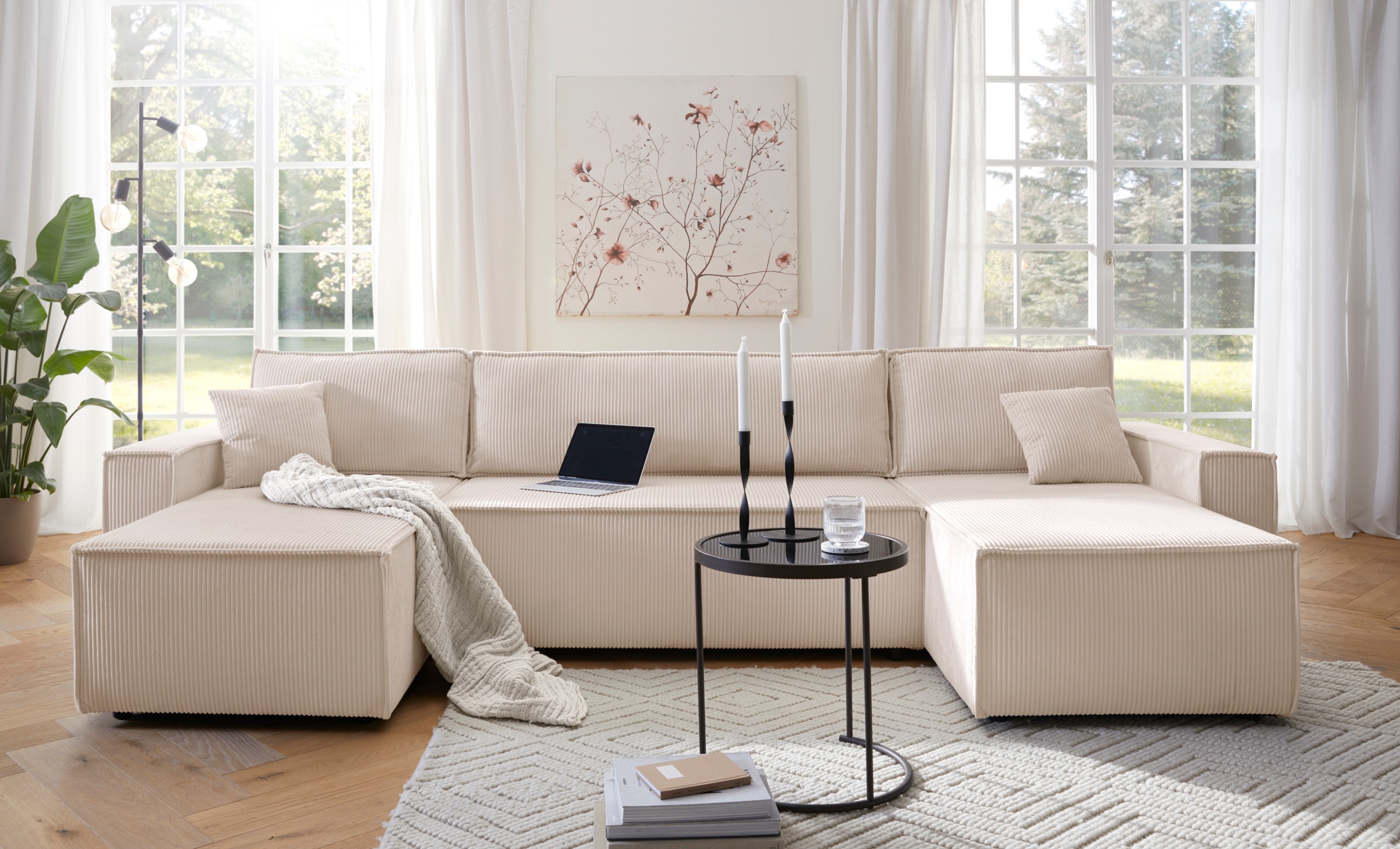 OTTO home Wohnlandschaft »Cassi, 311 cm, U-Form, Schlafsofa, Dauerschläfer, Boxspringfederung«, Schlaffunktion m. Bettkasten (Cord-Bezug