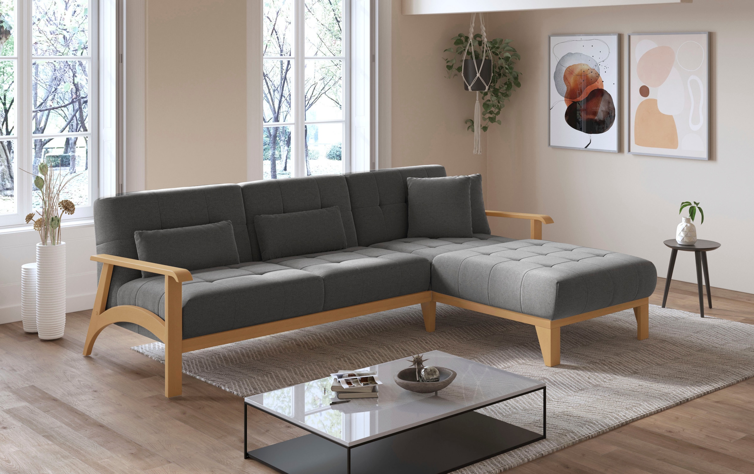 sit&more Ecksofa »Billund L-Form«, Armlehnen aus eichefarbigem Buchenholz, verschiedene Bezüge und Farben