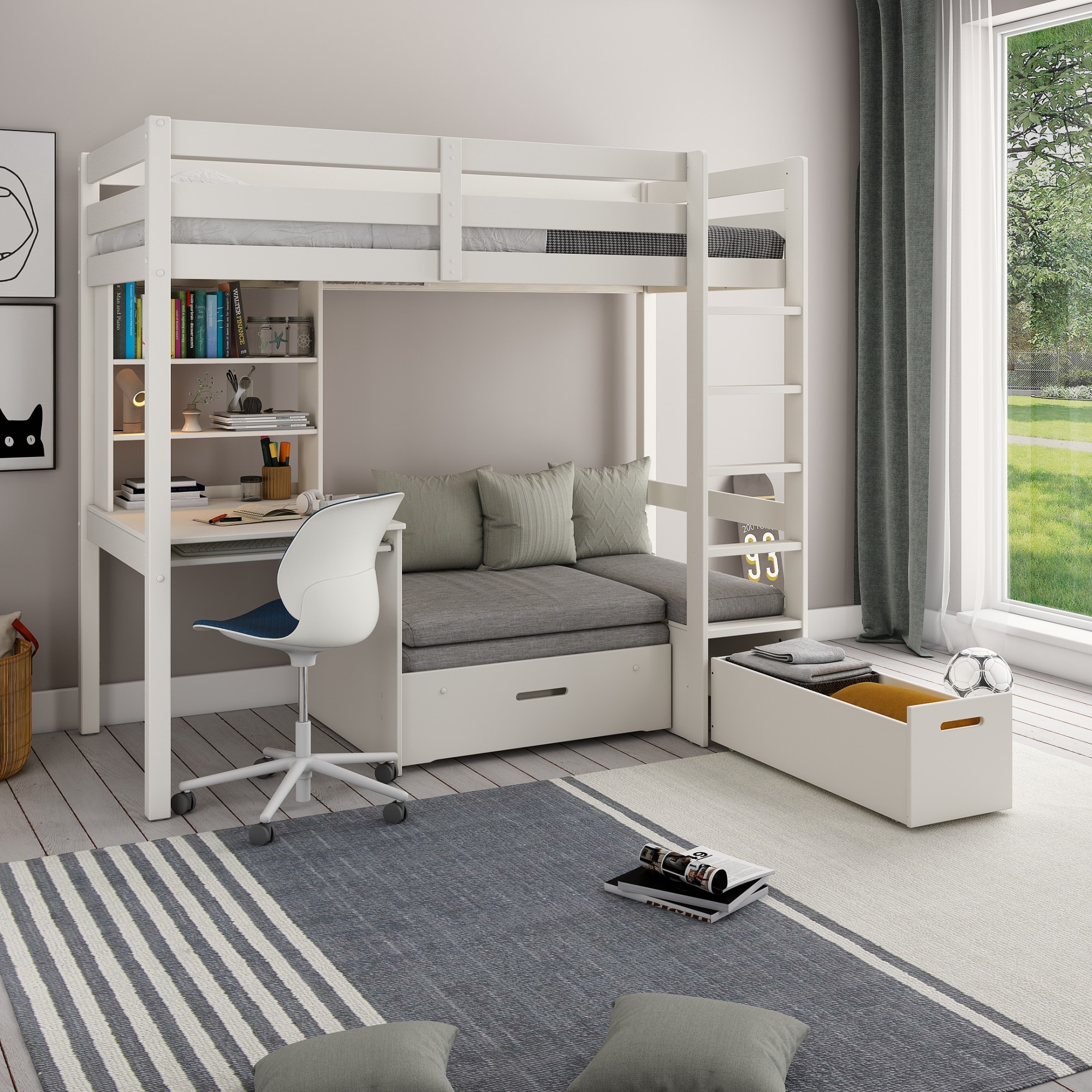Lüttenhütt Etagenbett »Stockbett, Doppelstockbett "HENNE " zertifiziertes Massivholz«, mit Schreibtisch, Regale, ausziehbarem Sessel,OHNE MATRATZEN/AUFLAGEN!
