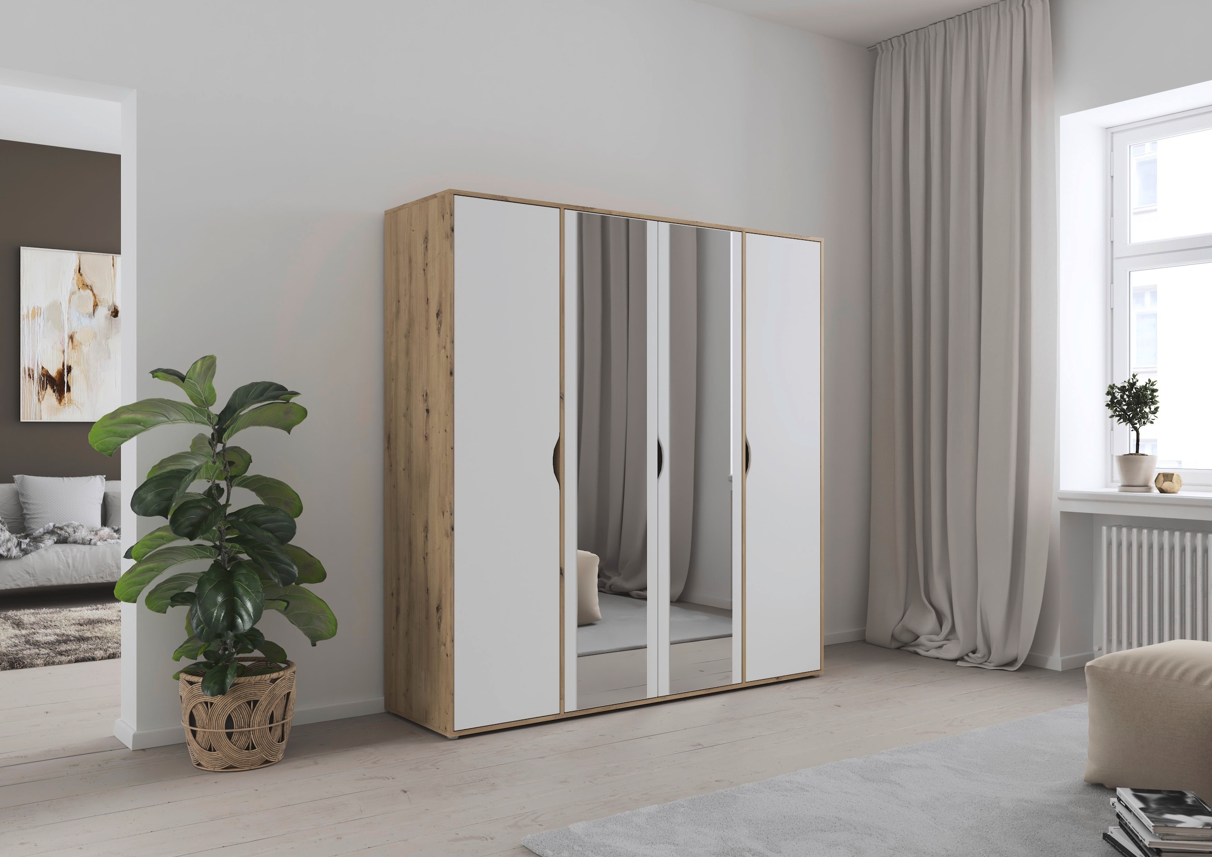 rauch Drehtürenschrank »Kleiderschrank Schrank Garderobe Wäscheschrank NARAI mit Spiegel«, (in 3 verschiedenen Ausstattungen BASIC/CLASSIC/PREMIUM), Griffausfräsungen für eine grifflose Optik TOPSELLER MADE IN GERMANY