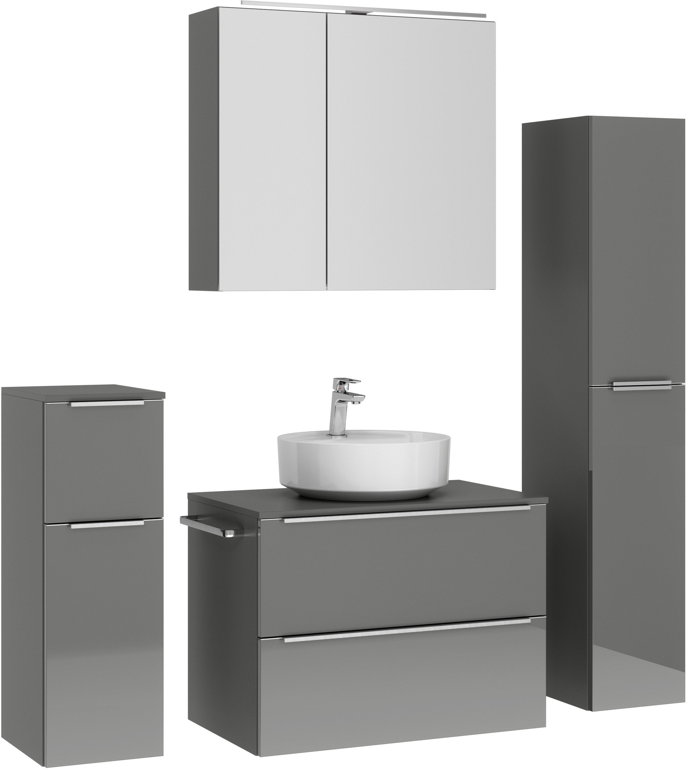 nobilia® Badmöbel-Set »Alvene«, (4 St., vormontiert, mit Soft-Close), inkl. Spiegelschrank mit Beleuchtung und Dimmerfunktion, in 4 Breiten