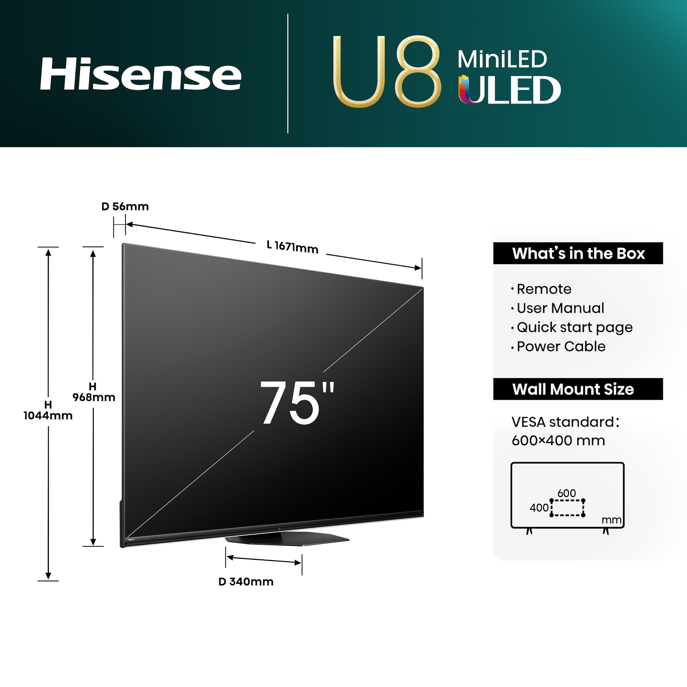 Hisense Mini-LED-Fernseher »75U8NQ«, 4K Ultra HD, Smart-TV, 4KUHD, ULED, Mini LED