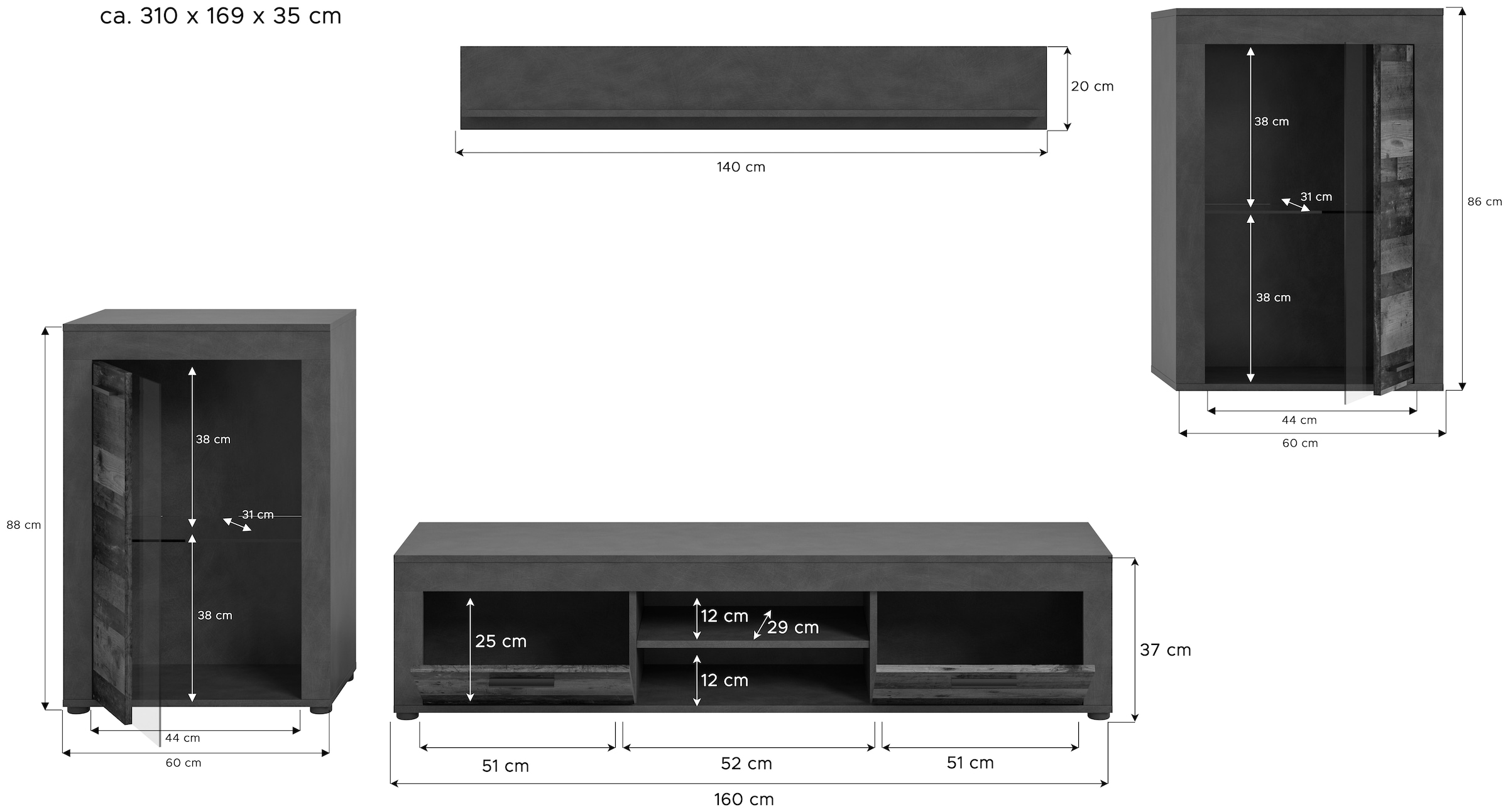 INOSIGN Wohnwand »Aosta, 4-tlg., bestehend aus: 2x Vitrine, Lowboard & Wandboard«, (4 St.), Wohnwand, Kombination, Anbauwand, Möbel Set, Schrankwand, Möbel Kombi