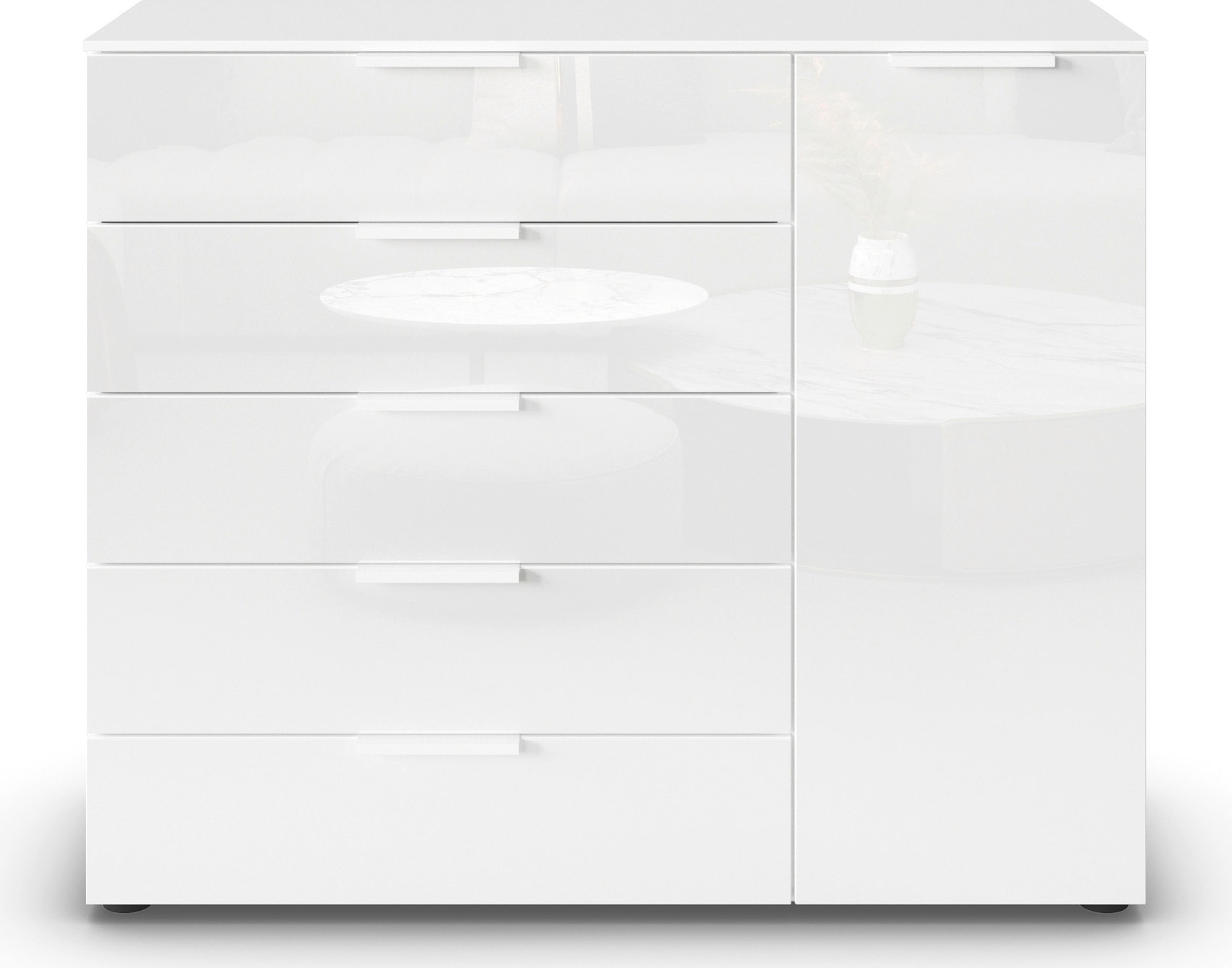 rauch Schubkastenkommode »Kommode Türkommode Sideboard Kombikommode FLIPP mit Glasfront«, (Breite 120 cm mit 2 Einlegeböden), 1-türig mit 5 Schubladen und Soft-Close-Funktion sowie Glasfront