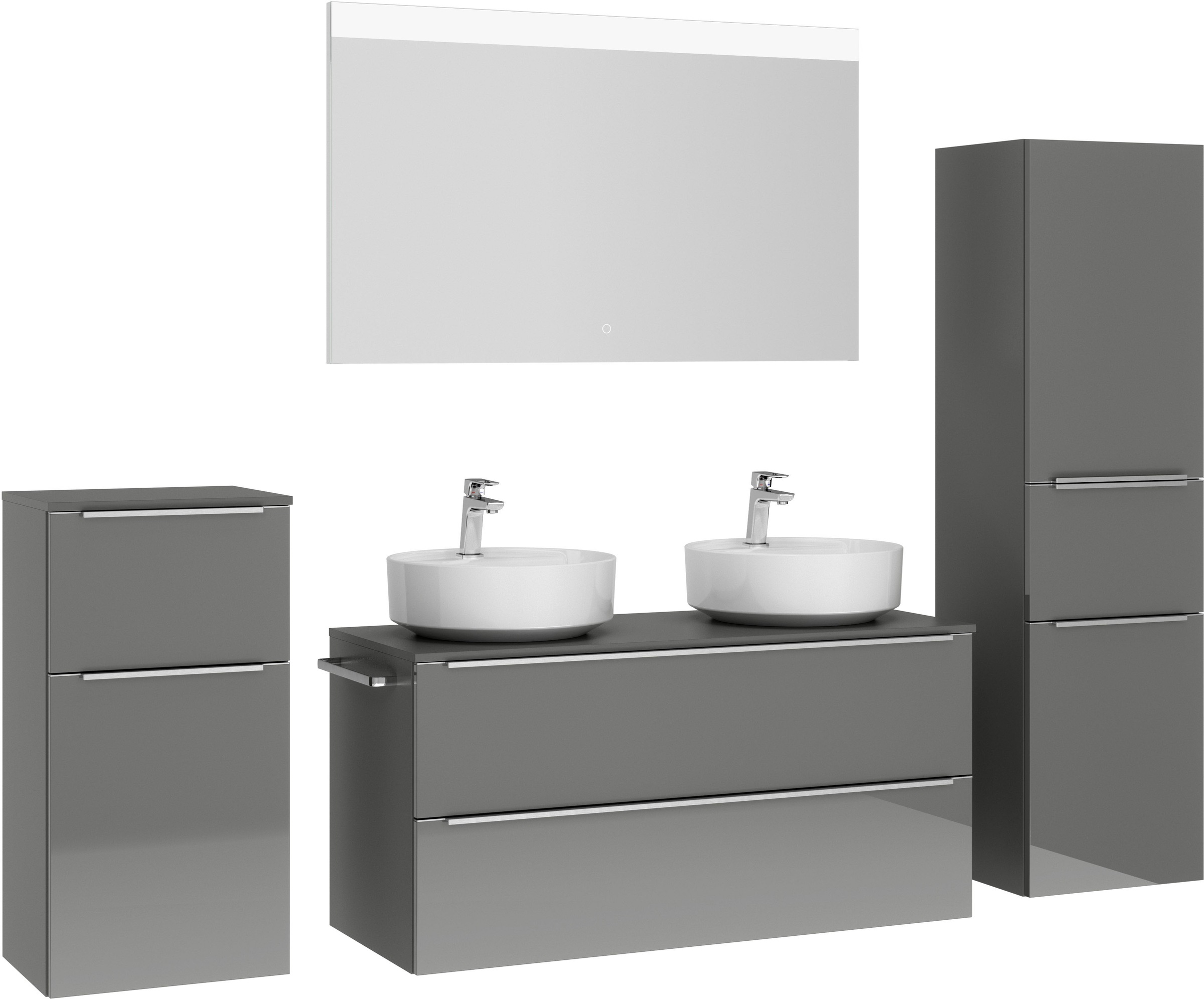 nobilia® Badmöbel-Set »Alvene«, (4 St., vormontiert, mit Soft-Close), Hochglanz, inkl. Spiegel mit Touch-Sensor, in vier Breiten