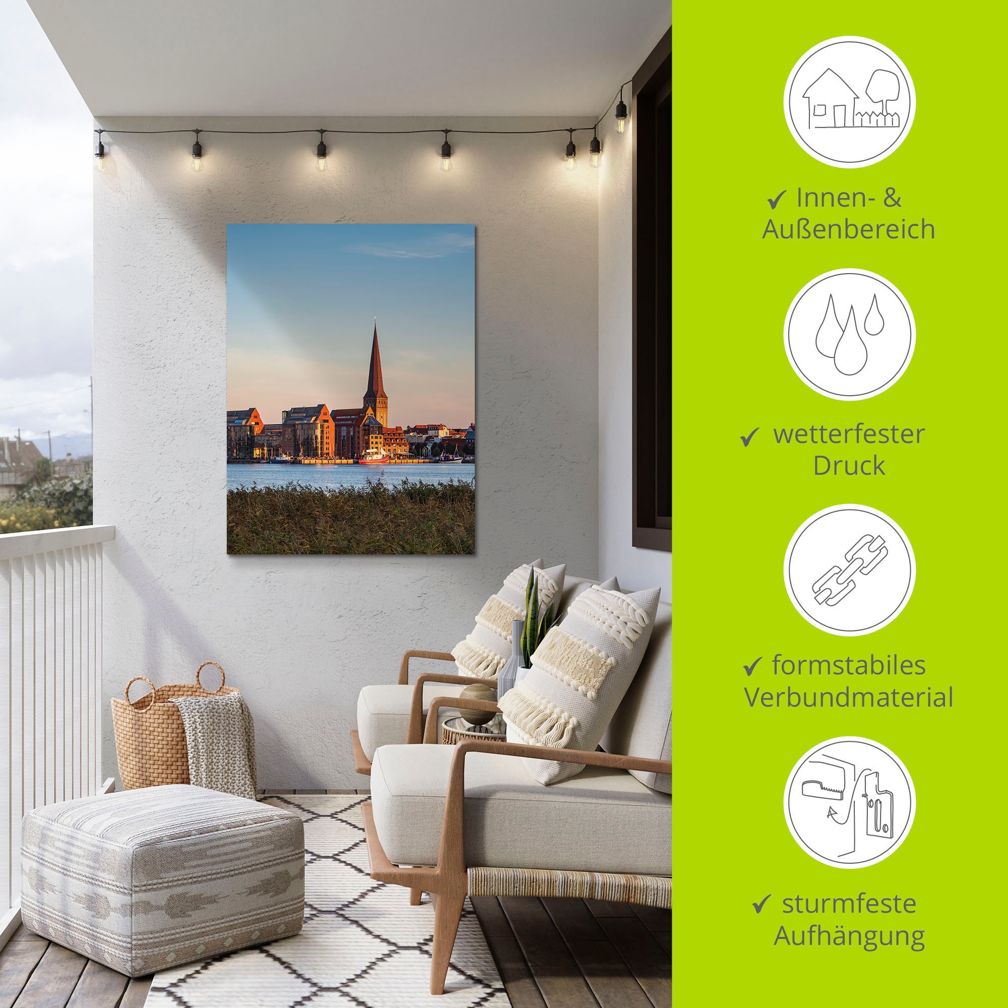 Artland Alu-Dibond-Druck »Blick über Warnow, Hansestadt Rostock«, Rostock, (1 St.), für Innen- und Außenbereich geeignet, Outdoorbild