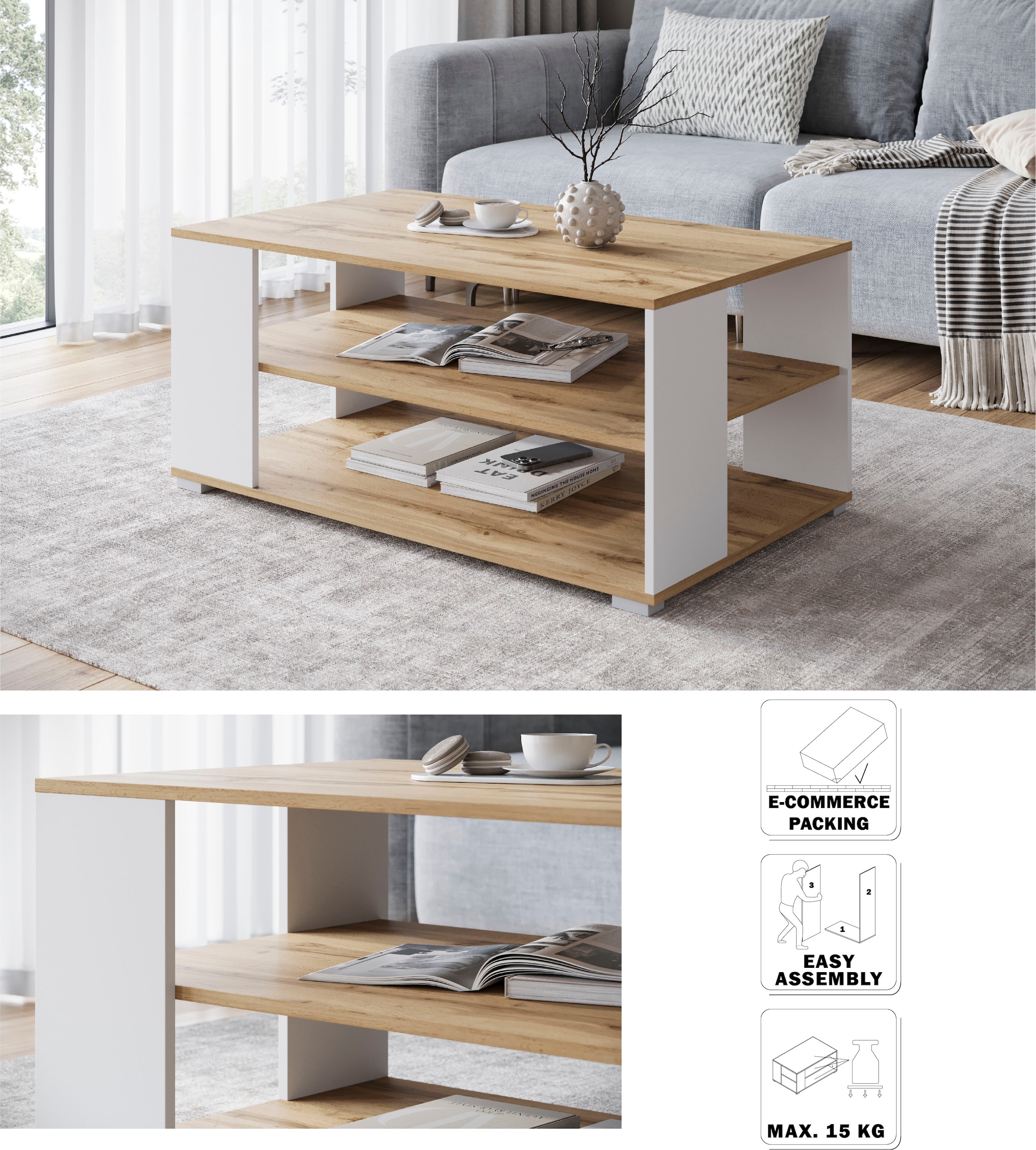 INOSIGN Couchtisch »Kenia«, (1 St.), Rechteckiger Kaffetisch, 100x66 cm, mit 2 Ablageböden