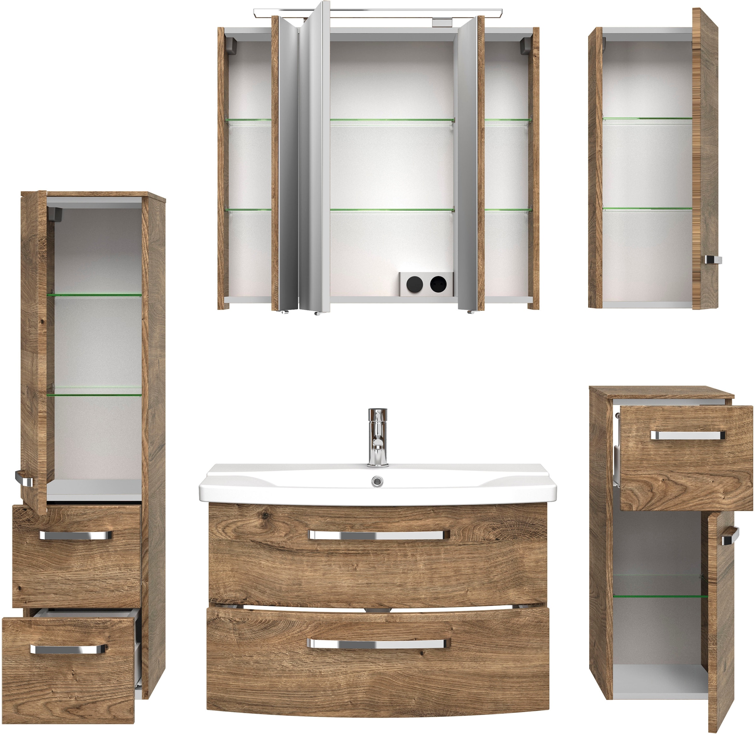 Saphir Badmöbel-Set »Serie 4010 5-teilig Keramik-Waschtisch mit LED-Spiegelschrank«, (Set), Bad Set mit Unterschrank, Hängeschrank, Midischrank, inkl. Türdämpfer