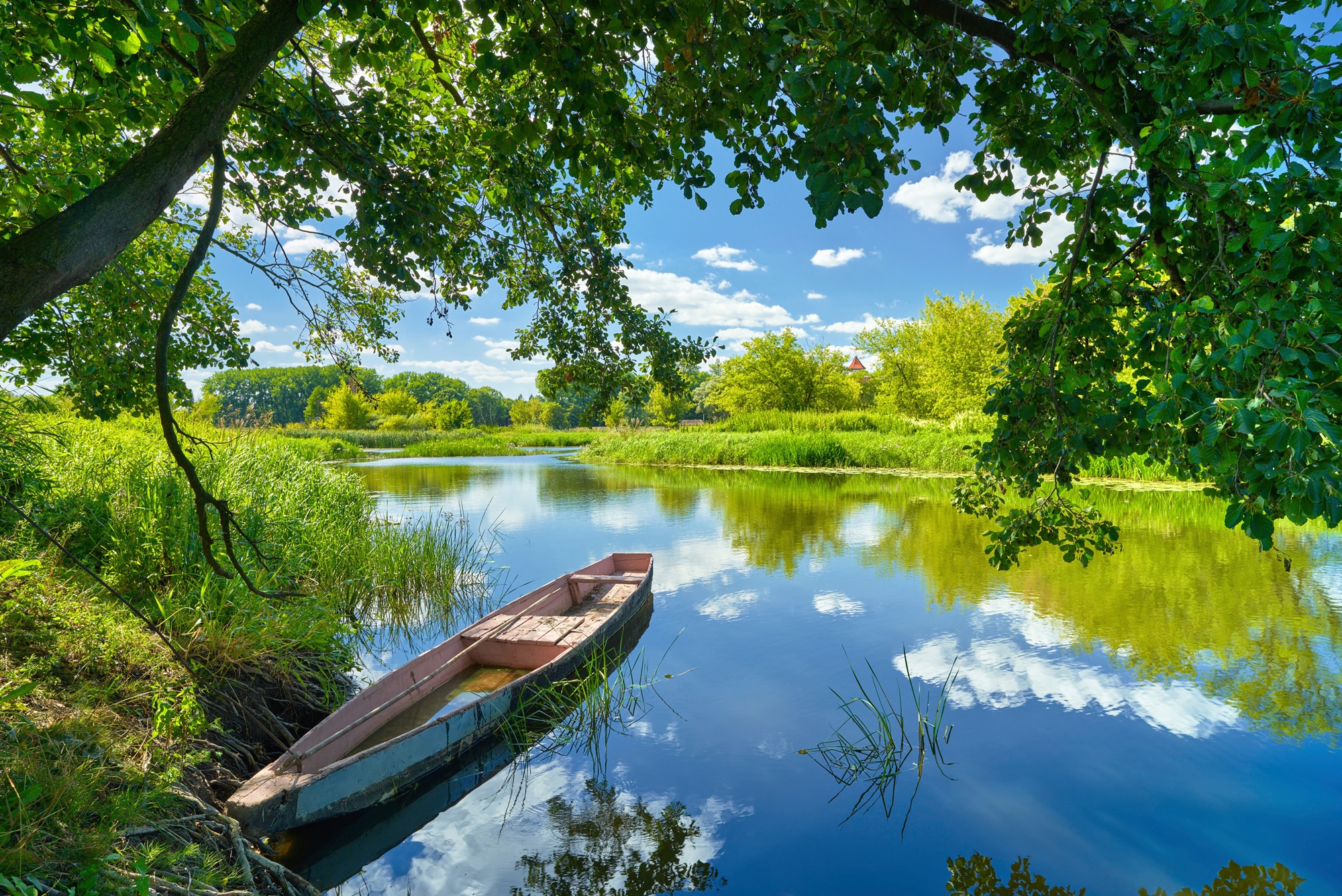 Papermoon Fototapete »FRÜHLINGS-LANDSCHAFT-FLUSS BOOT BÄUME STRAND UFER WAL günstig online kaufen