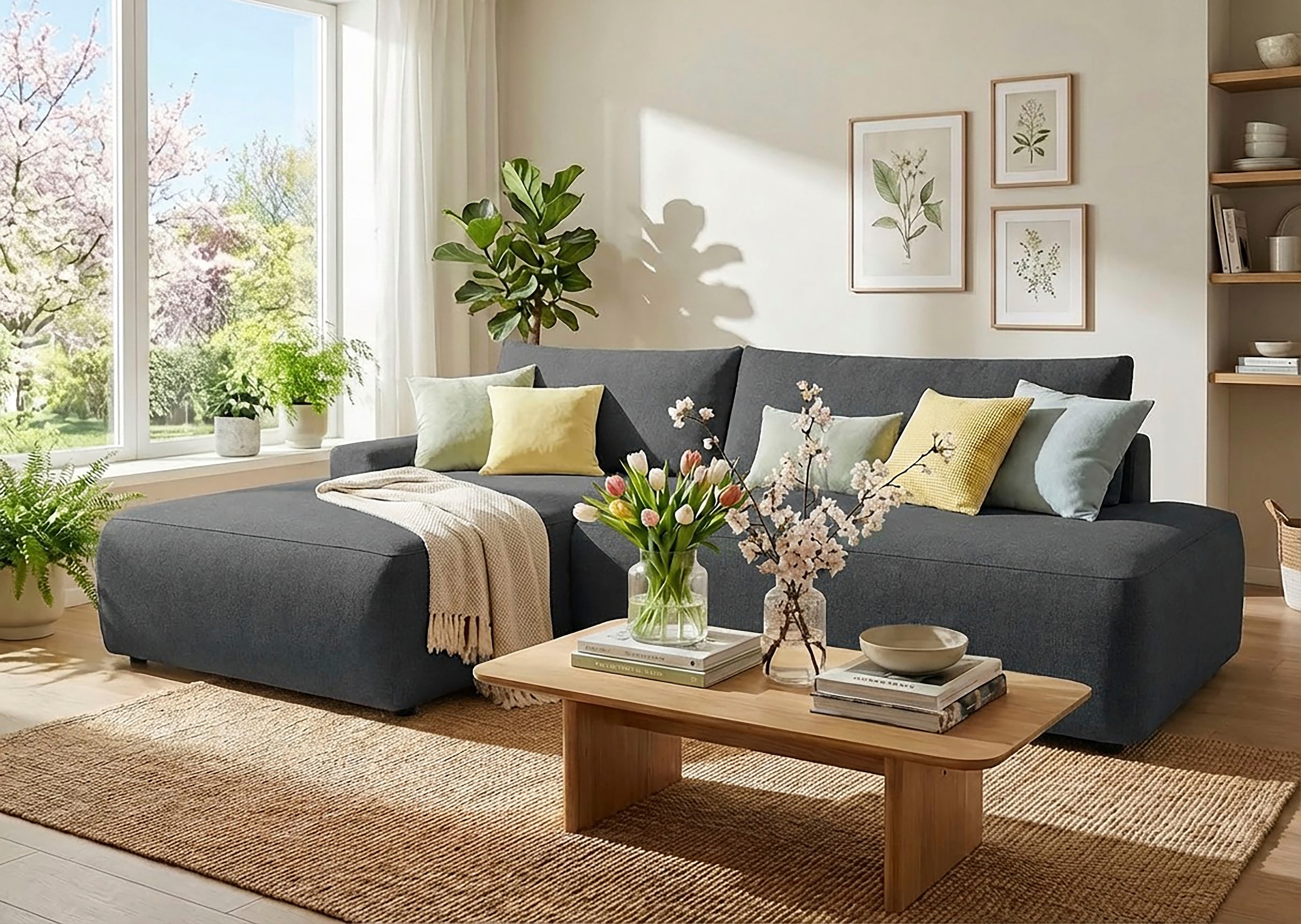 TRENDMANUFAKTUR Ecksofa »Prag, Schlafsofa mit Bettkasten, Couch in L-Form, Breite 253 cm« in feinem Strukturstoff, anthrazit, Recamiere links